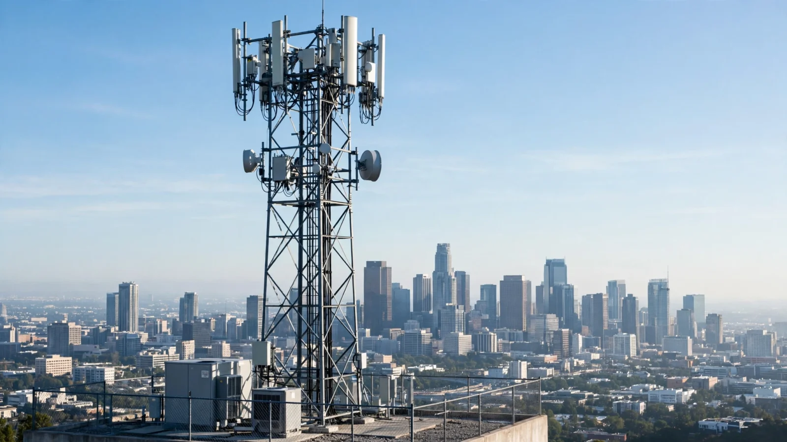 A cell tower with antenna panels stands above a city skyline under a clear sky.