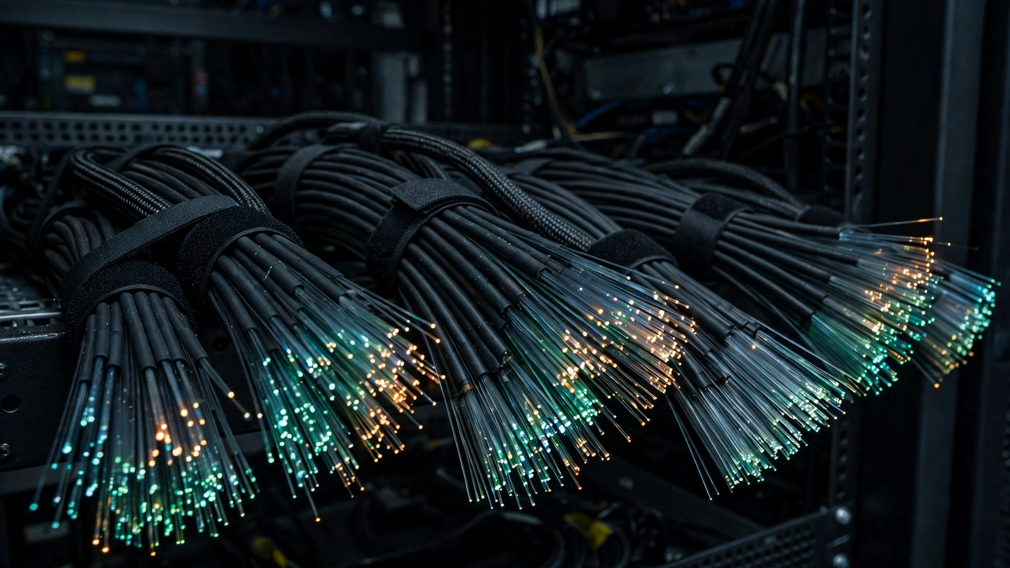 Bundles of black cables with thin fiber-optic strands showing small points of light at their ends.