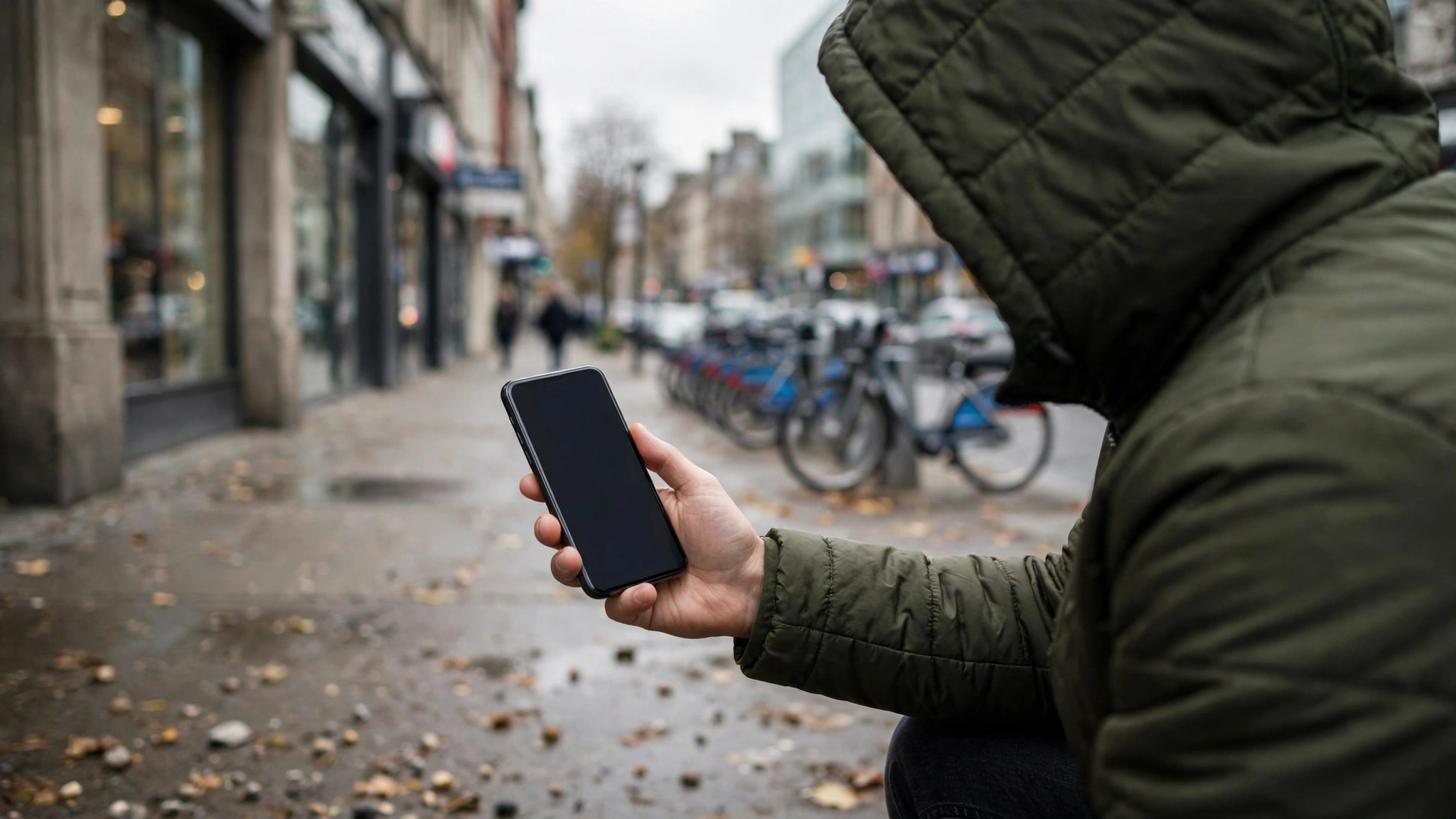A person in a hooded jacket holds a smartphone with a blank dark screen on a city sidewalk.