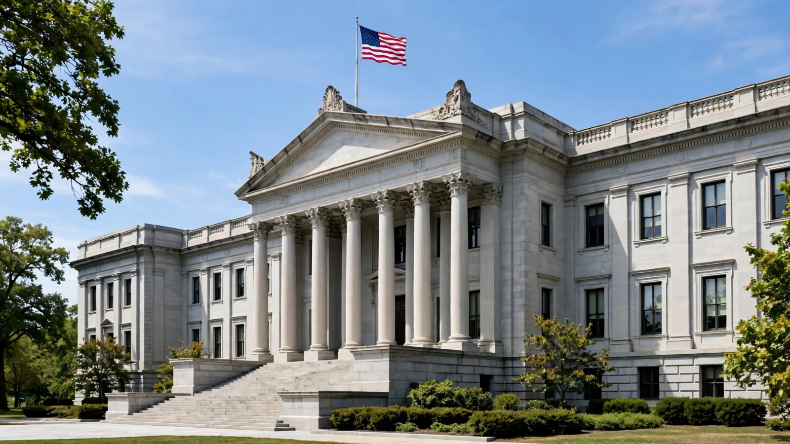 A neoclassical federal government office building with tall stone columns and an American flag flying in front