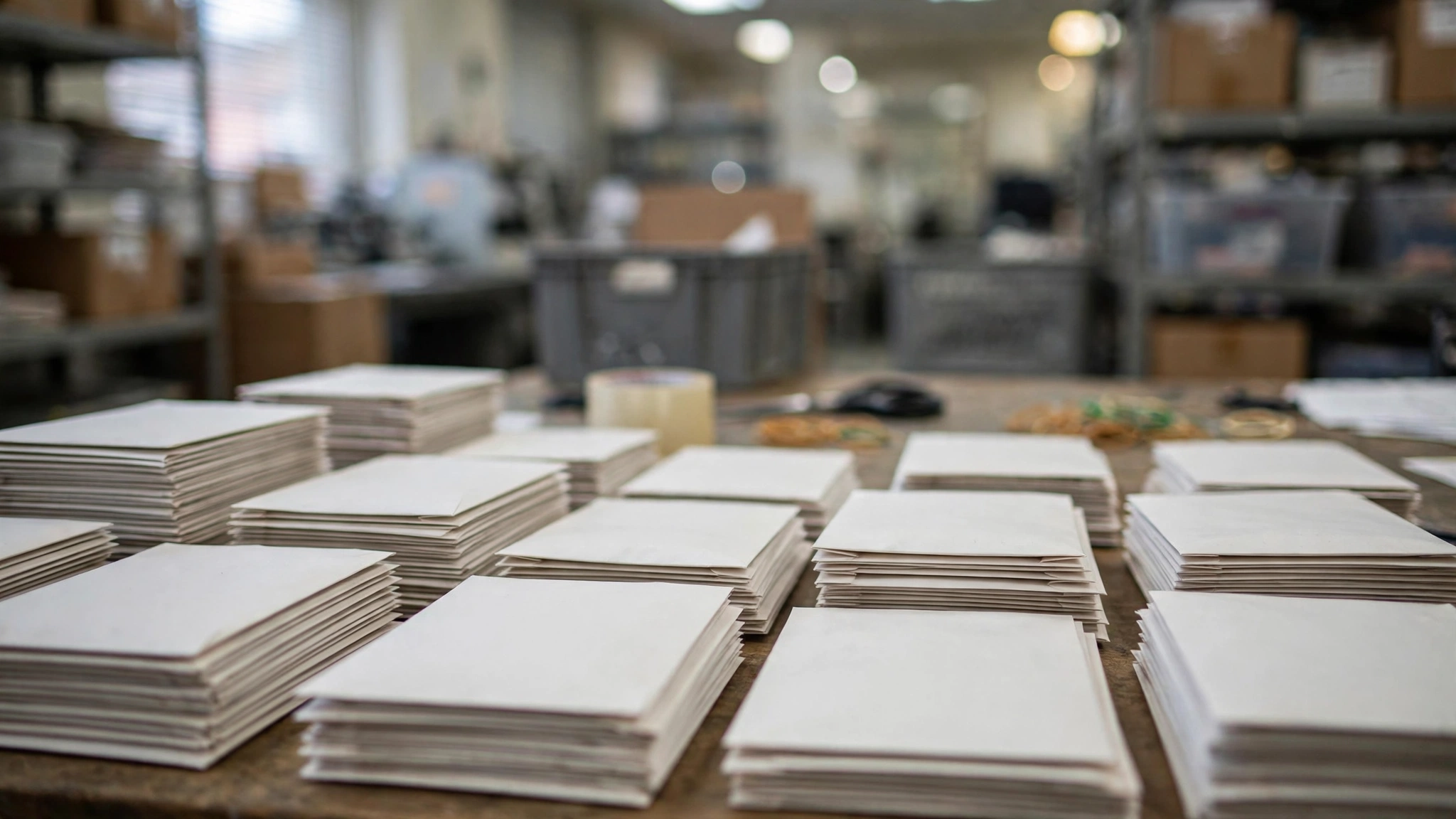 Stacks of sealed mail-in ballot envelopes sorted on a table in an election office