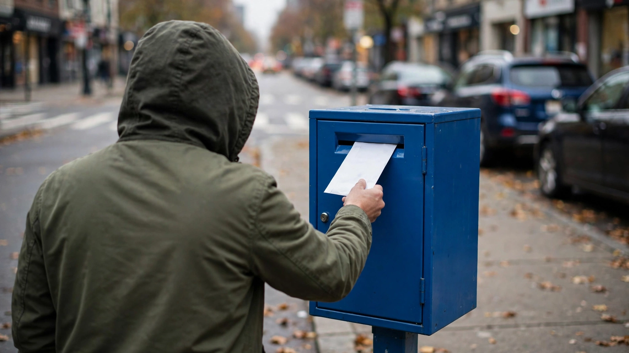 A person in a hooded jacket placing a sealed envelope into a blue mail collection box on a city sidewalk