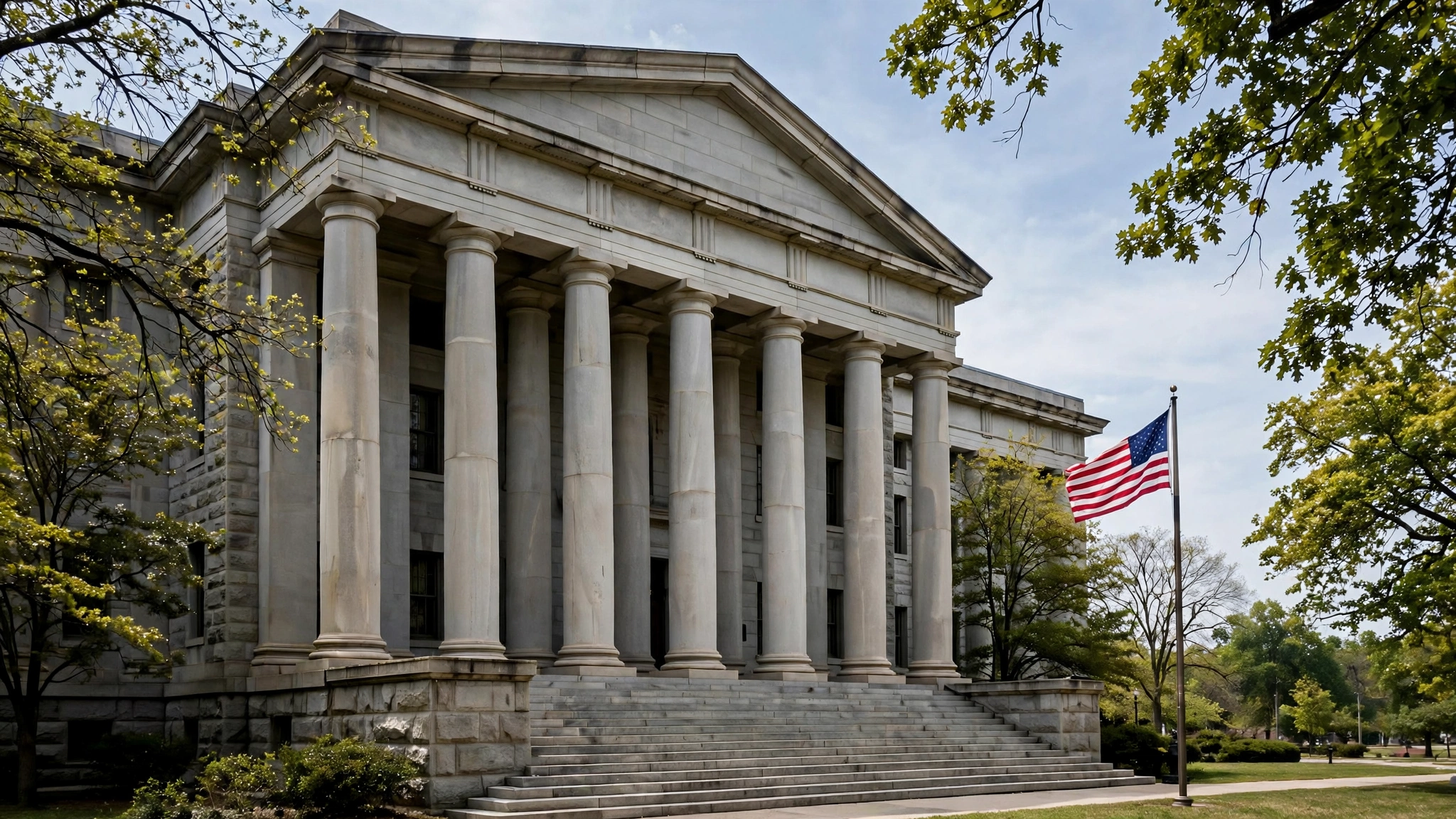A stone courthouse building with tall columns and an American flag outside