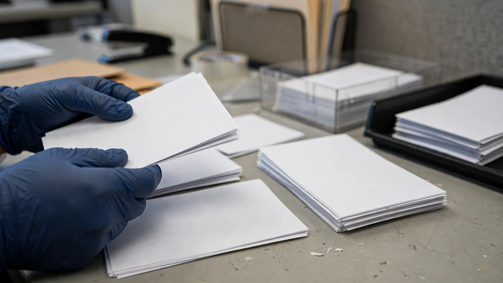 Gloved hands sorting blank paper ballots on a table in an election office