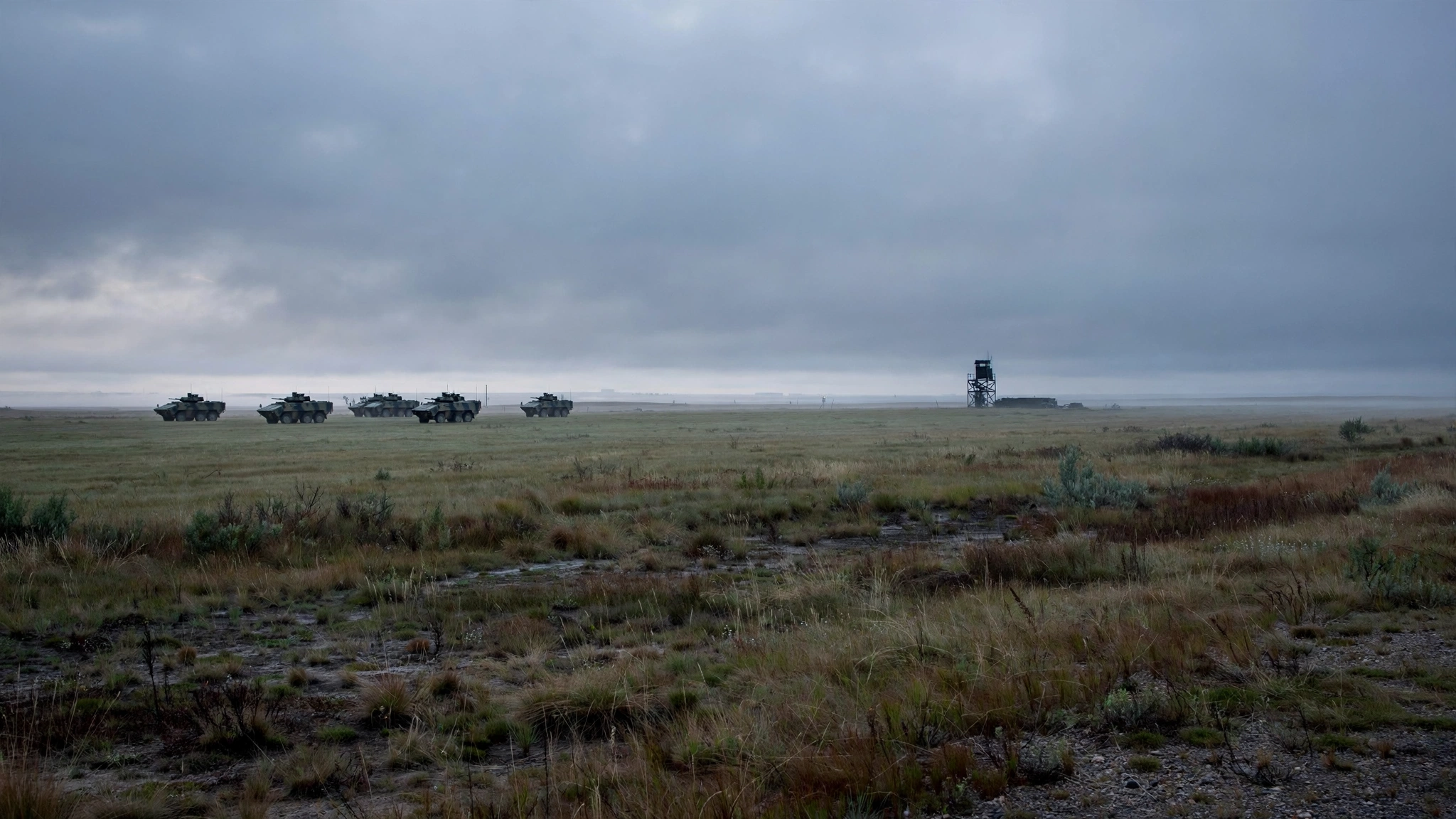 Armored military vehicles parked on a flat, misty grassland training area with a watchtower in the distance under an overcast sky.
