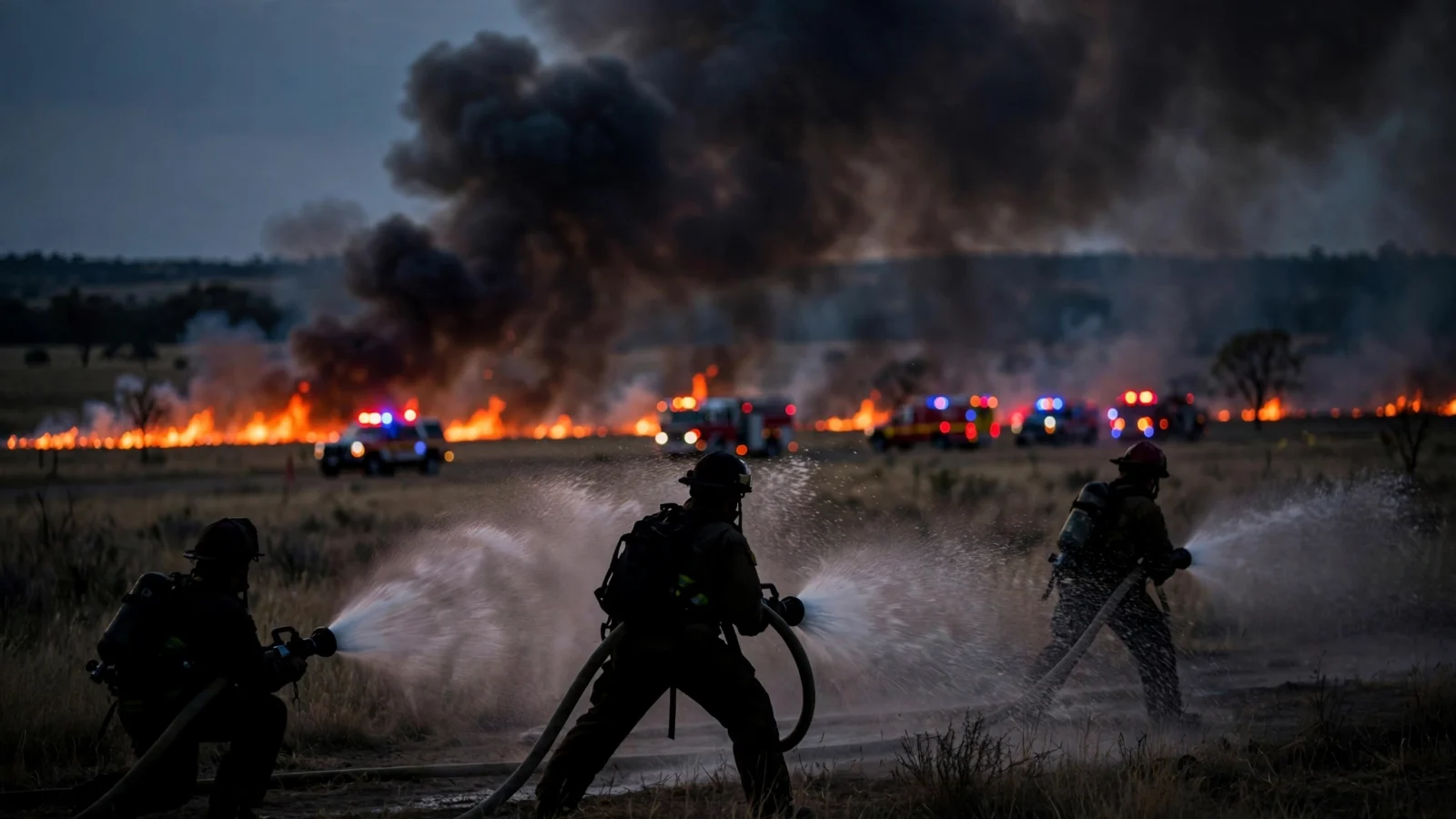 Three firefighters spray water from hoses at dusk toward a line of grass fires, with dark smoke rising and fire trucks with flashing lights behind them.