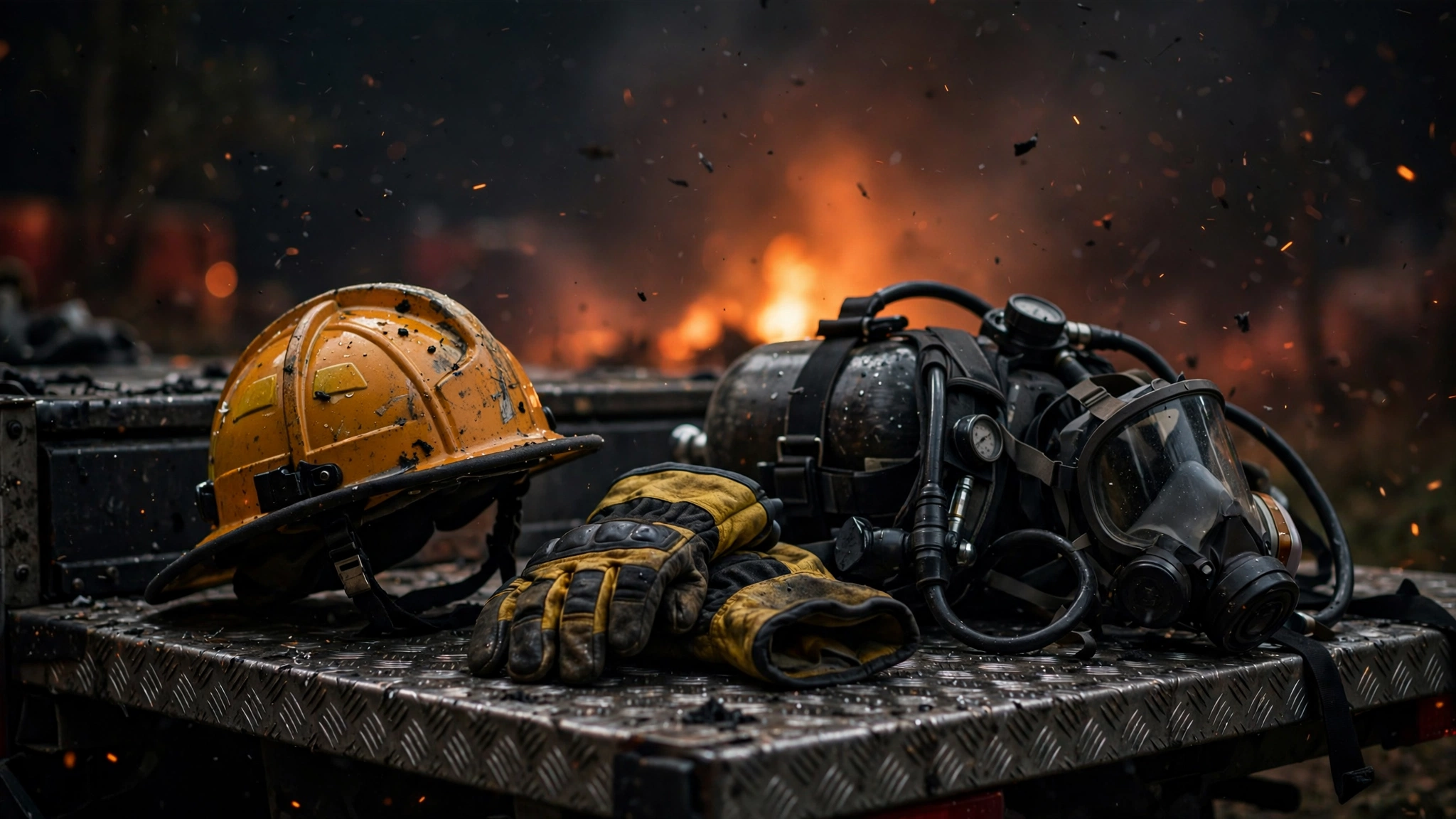 A soot-marked firefighter's helmet, gloves and breathing apparatus rest on the back of a fire truck with fire glow behind them.
