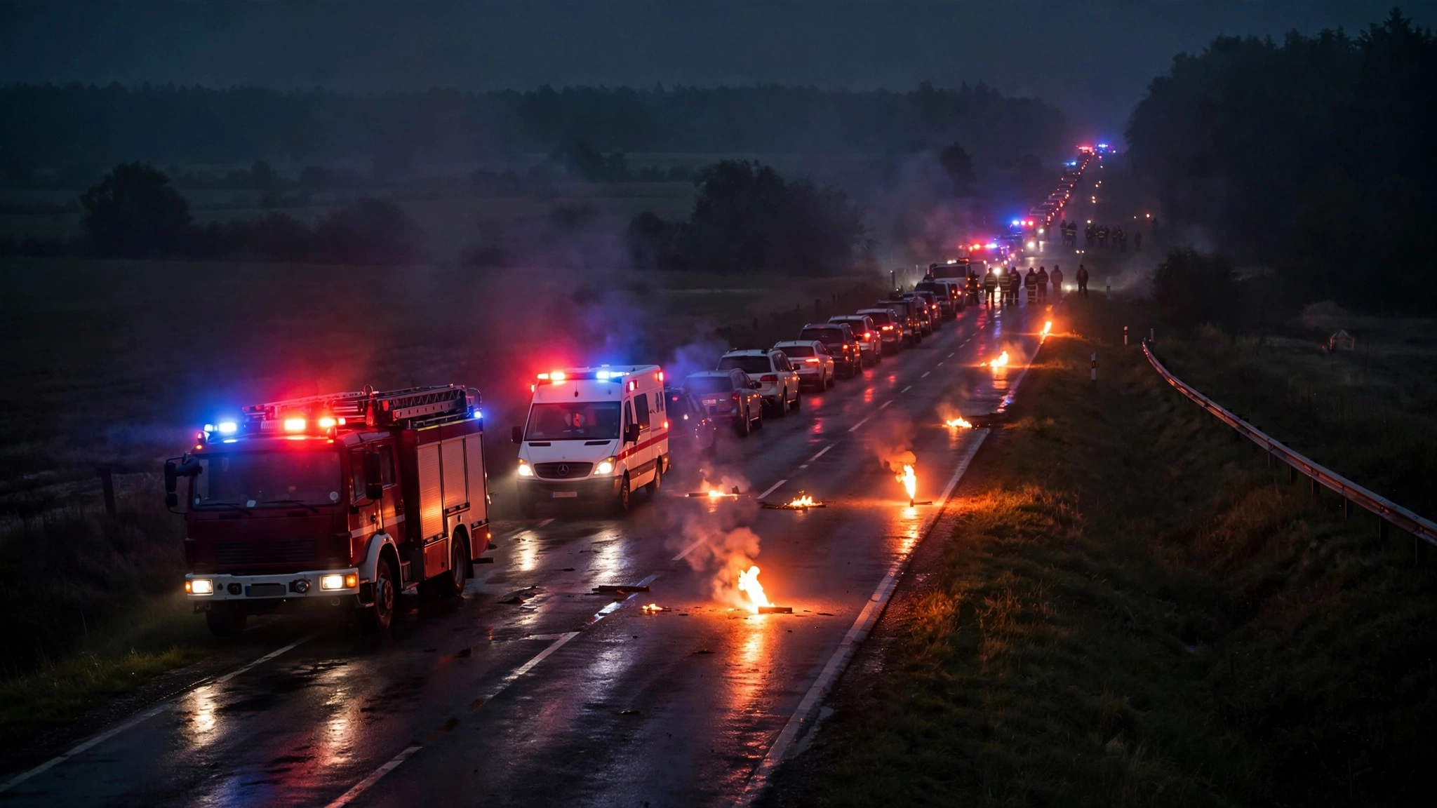 A fire truck, an ambulance and a line of vehicles on a dark rural road at night, with red and blue emergency lights flashing and road flares burning on the asphalt.