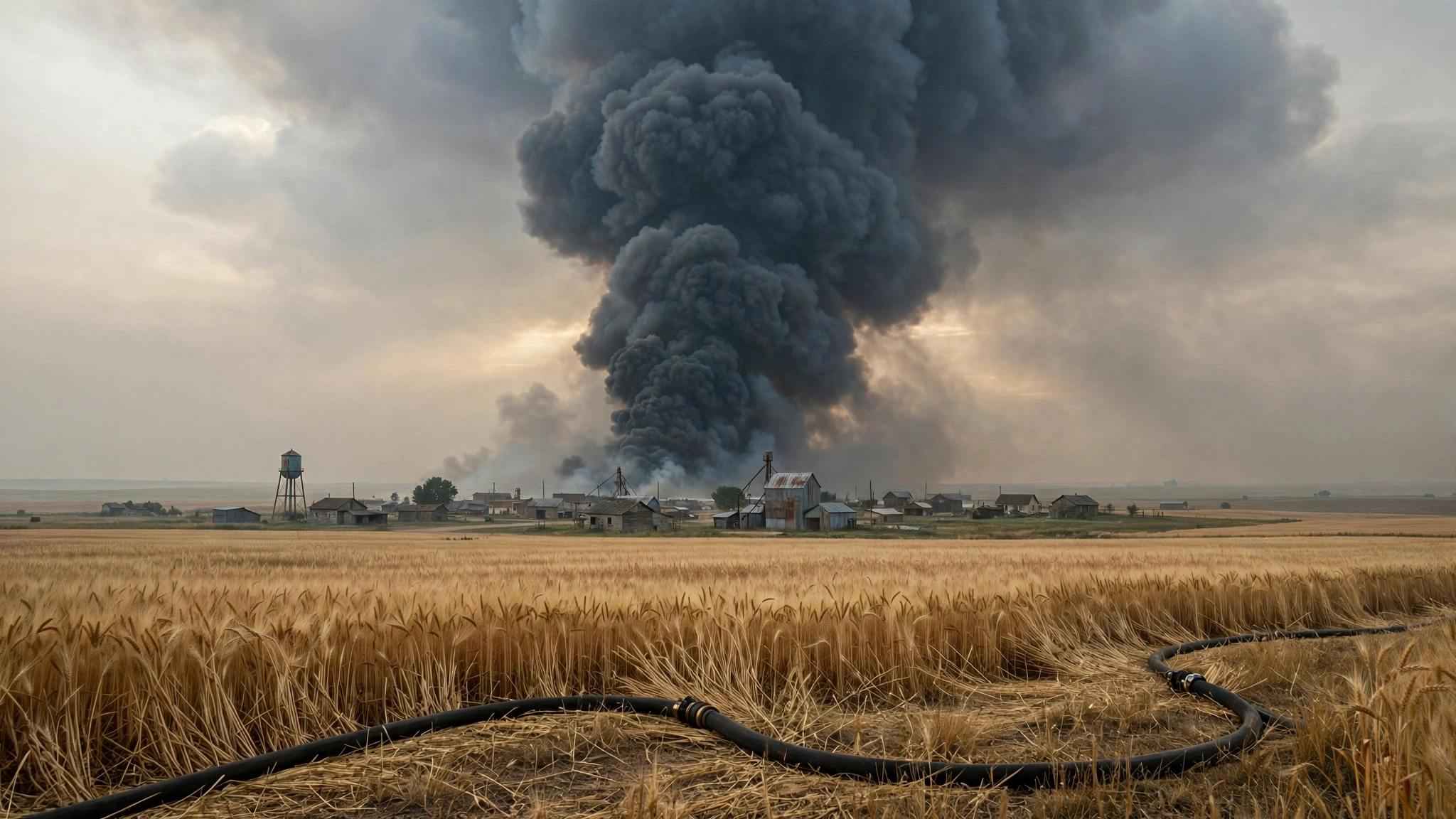 A tall column of dark smoke rises over a small prairie town, with a fire hose running through a wheat field in the foreground.