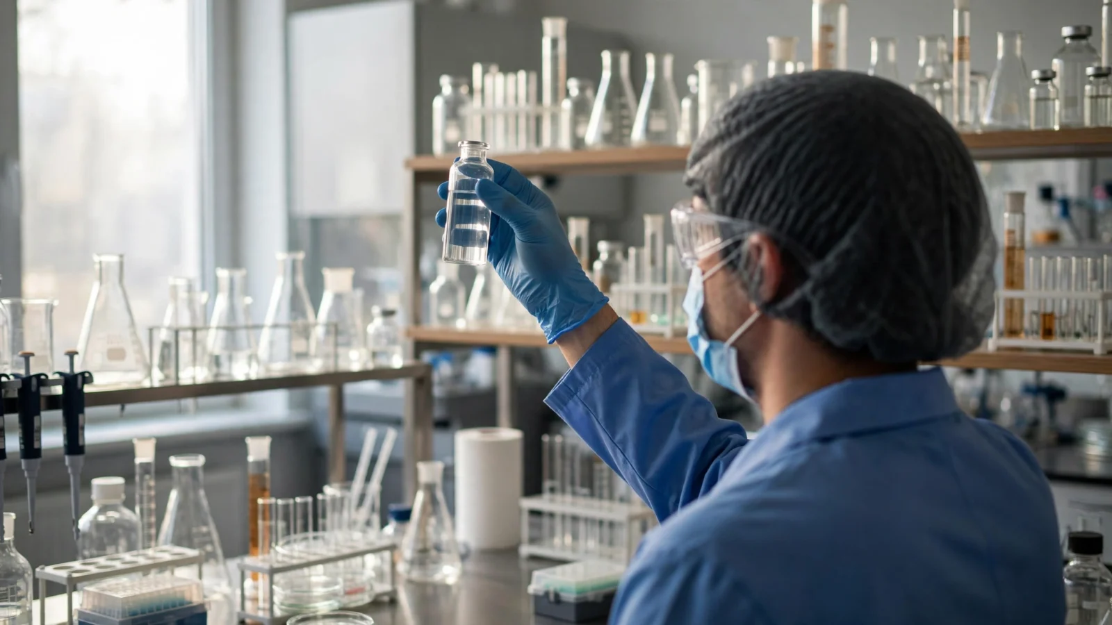 A scientist in blue gloves and protective eyewear holds a clear medicine vial up to the light in a pharmaceutical laboratory lined with glassware.