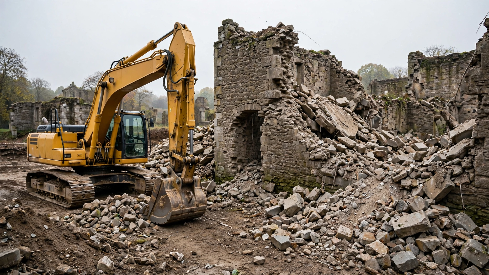 A yellow excavator beside a partially demolished stone building and piles of rubble