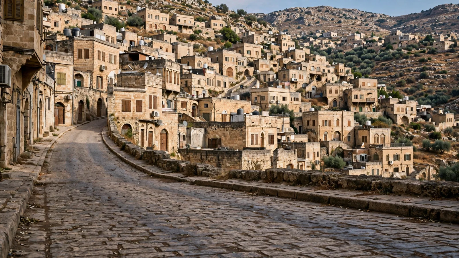A stone hillside town with closely packed stone buildings and an empty paved street in the foreground