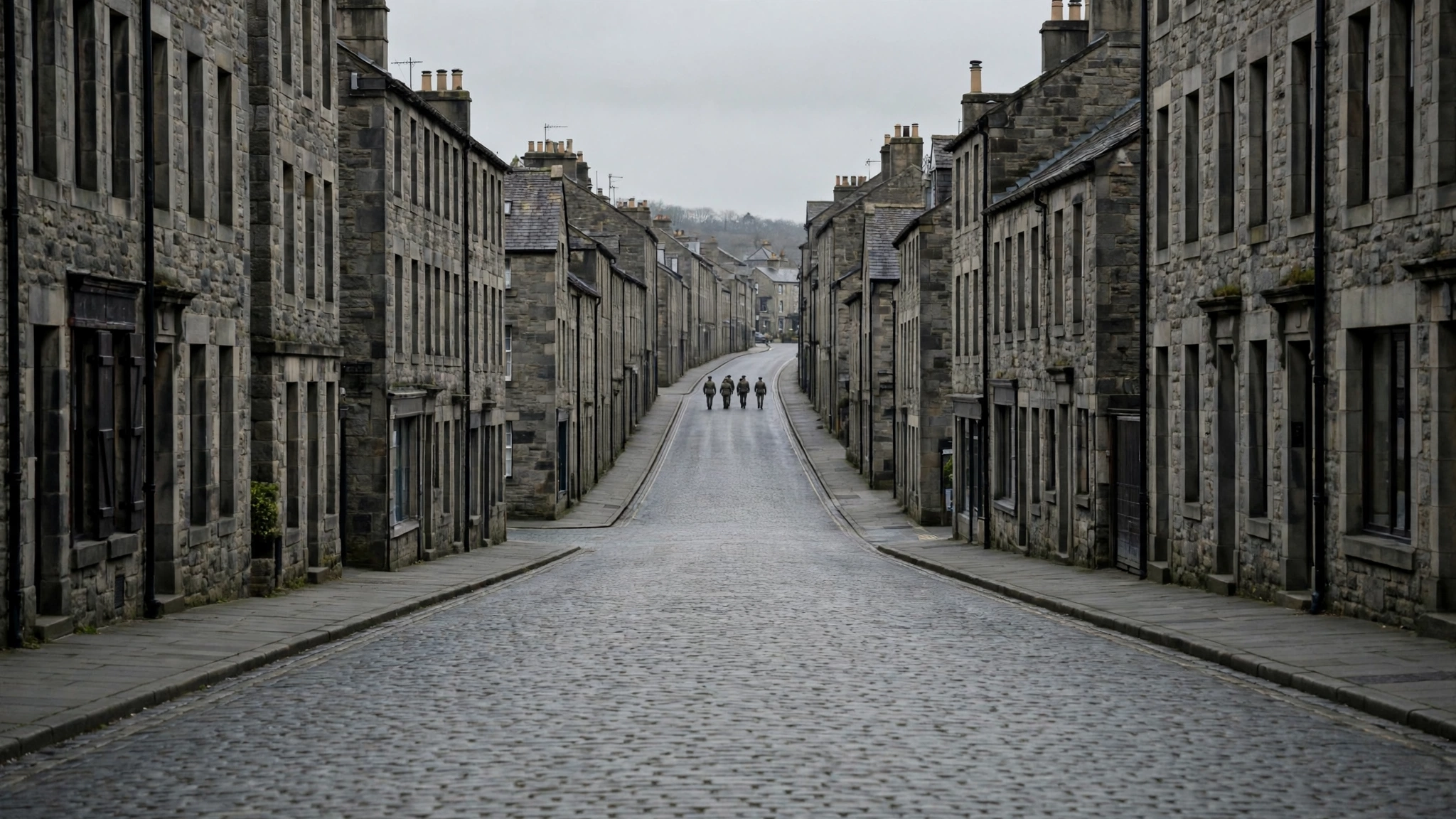 Four distant figures walking down the middle of an empty stone street between stone buildings