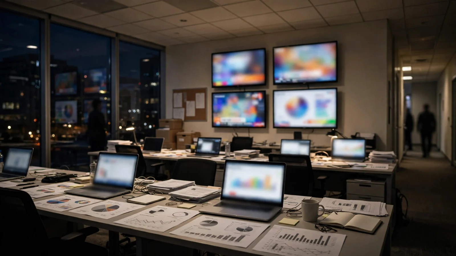 An empty campaign office at night with laptops and polling charts on desks and four blurred television screens mounted on the wall