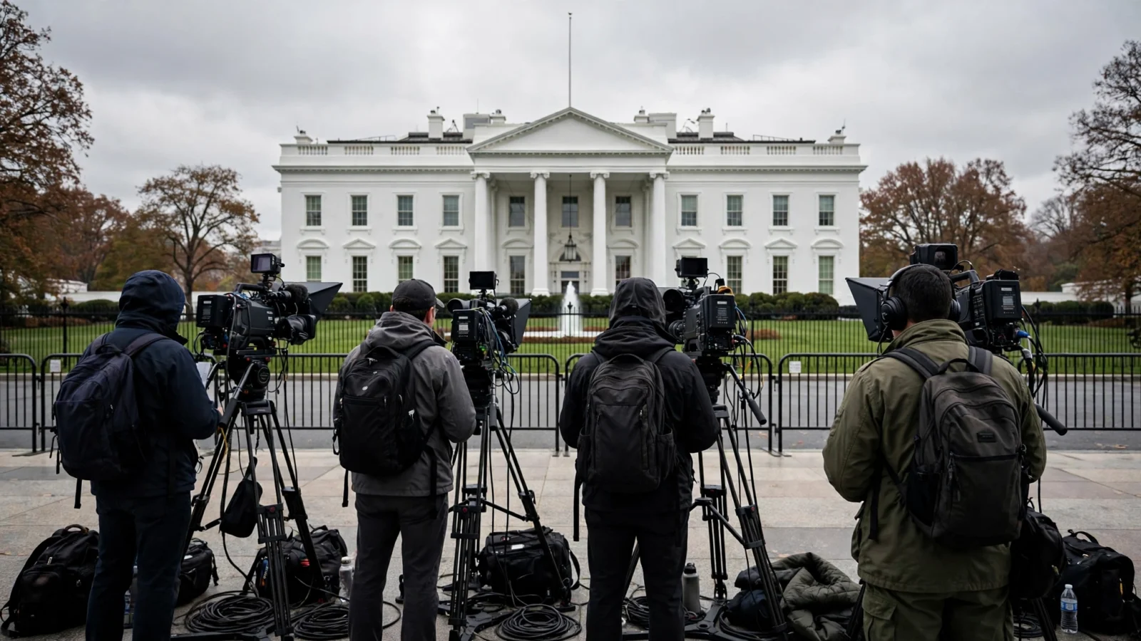 Television cameras on tripods operated by journalists seen from behind, pointed at the White House in Washington
