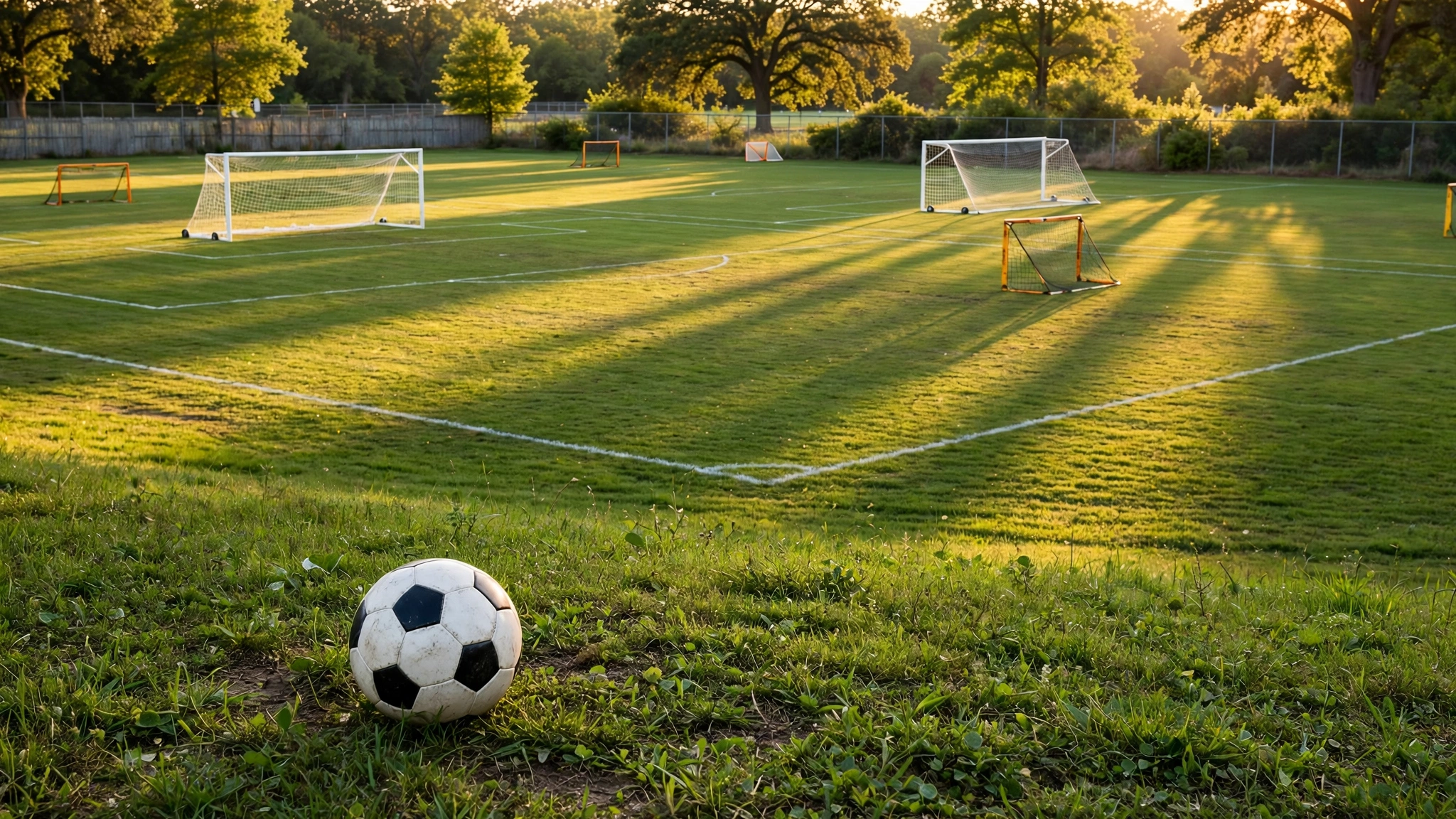 A youth soccer complex with several green fields, soccer goals and a soccer ball resting on the grass at sunset