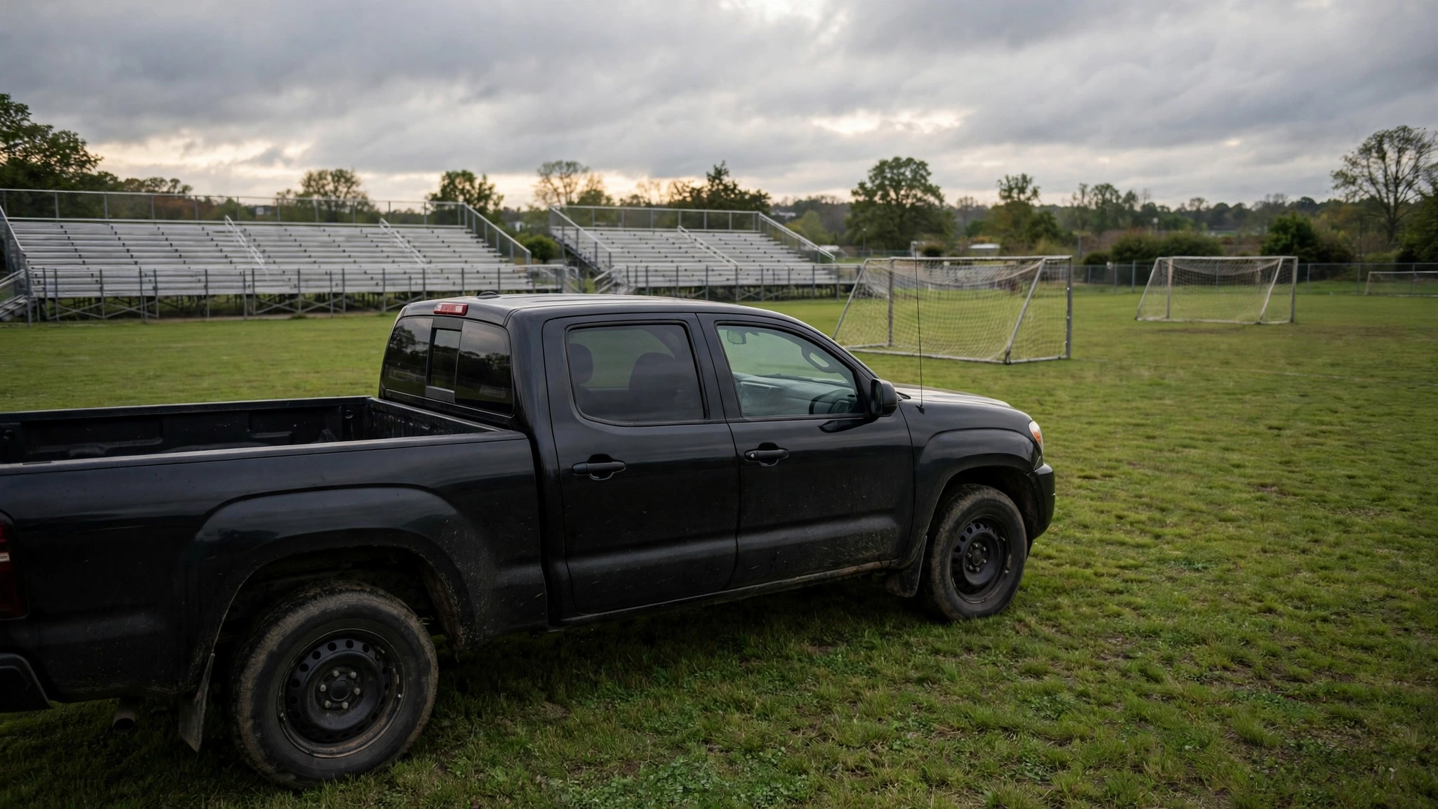A black pickup truck parked on a grass soccer field near soccer goals and empty bleachers