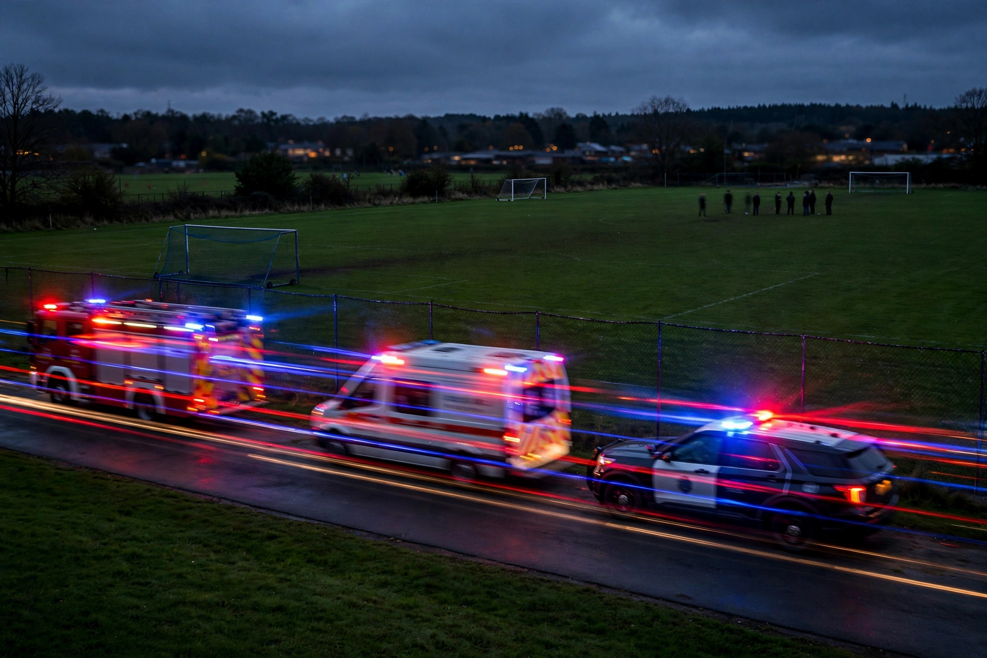 A fire truck, an ambulance and a police SUV with flashing red and blue lights on a road beside soccer fields at dusk