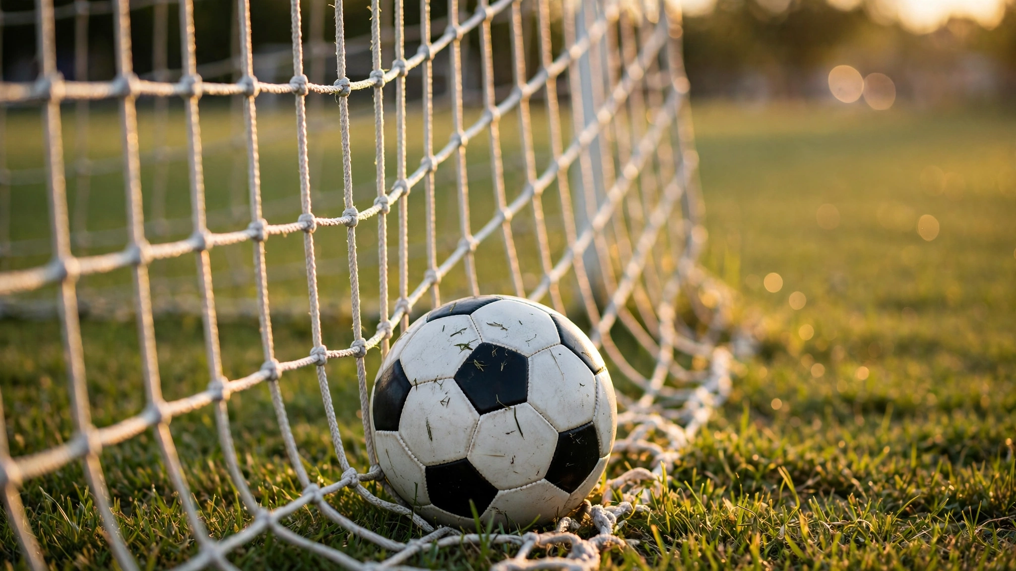 A soccer ball resting against a white goal net on a grass field