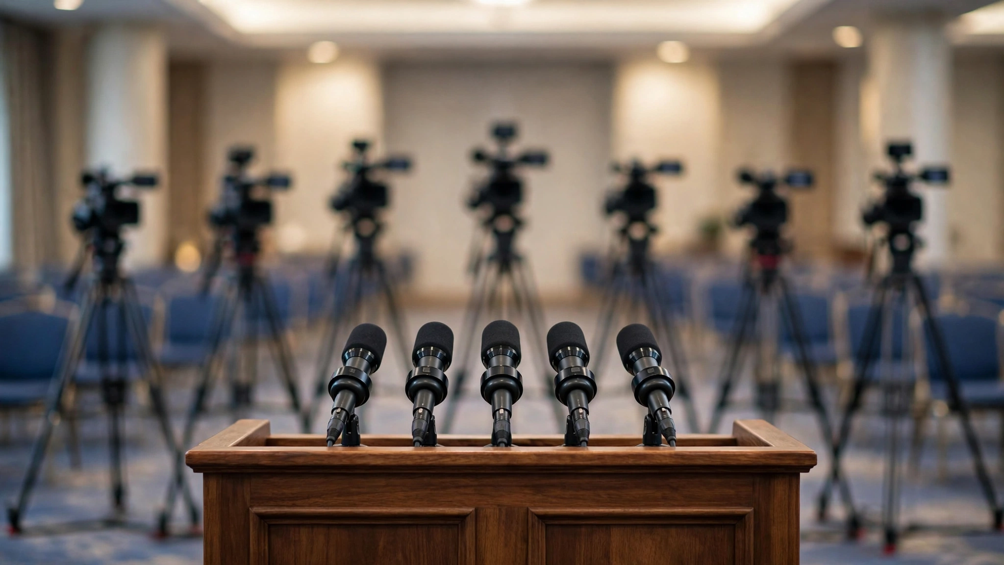 Microphones on a wooden podium facing television cameras on tripods in a press briefing room