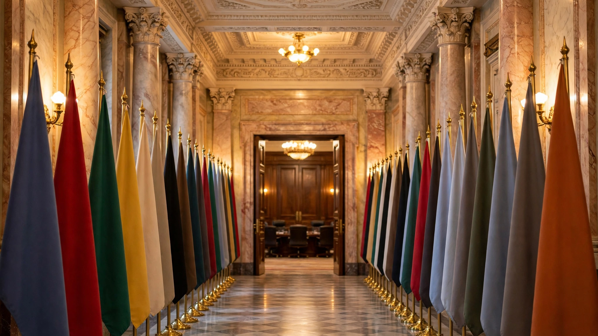 Rows of national flags on stands lining both sides of a marble hallway in a government palace