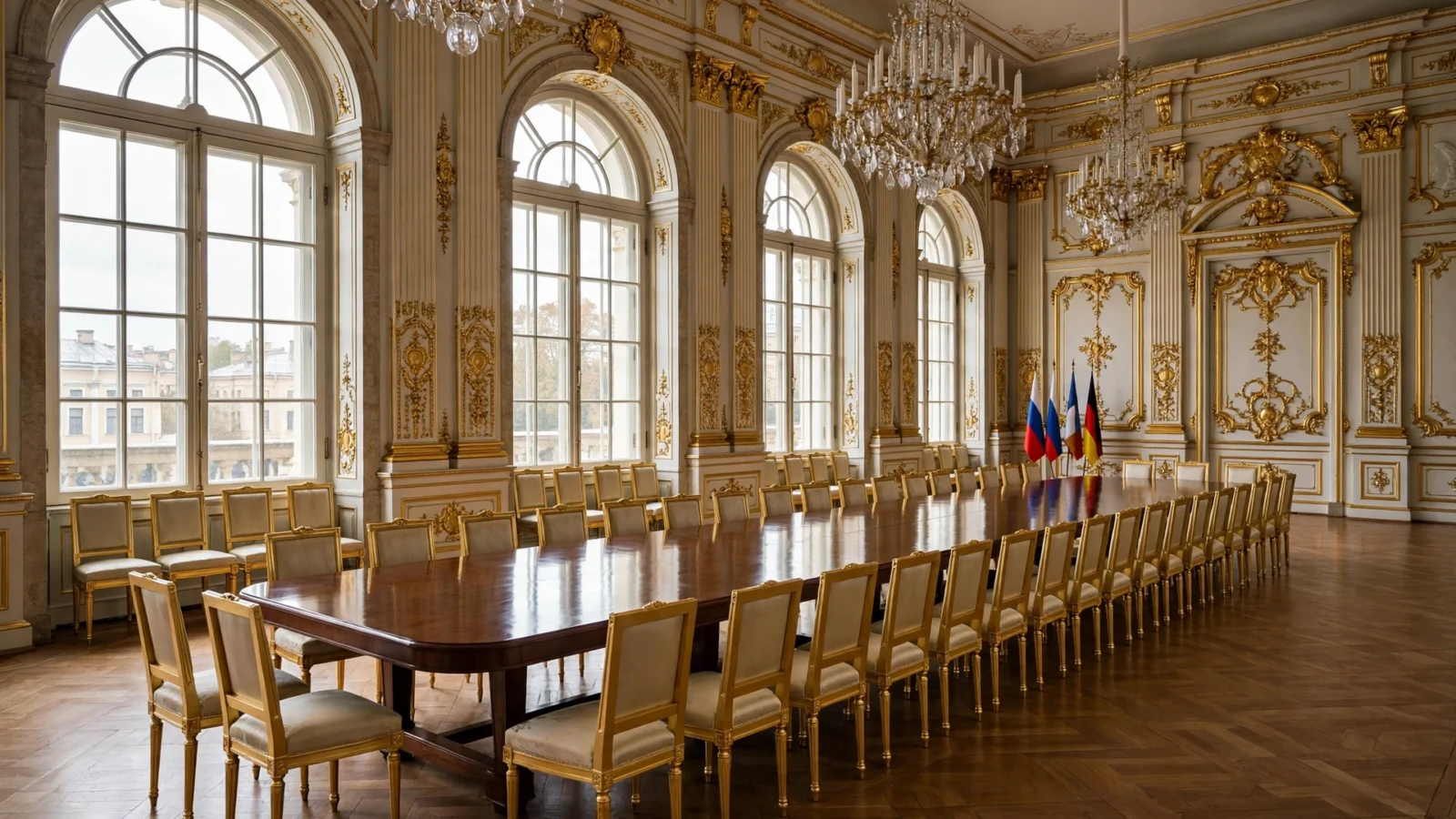 An empty ornate diplomatic conference hall in a St. Petersburg palace, with a long polished table, chandeliers and small flags in the corner