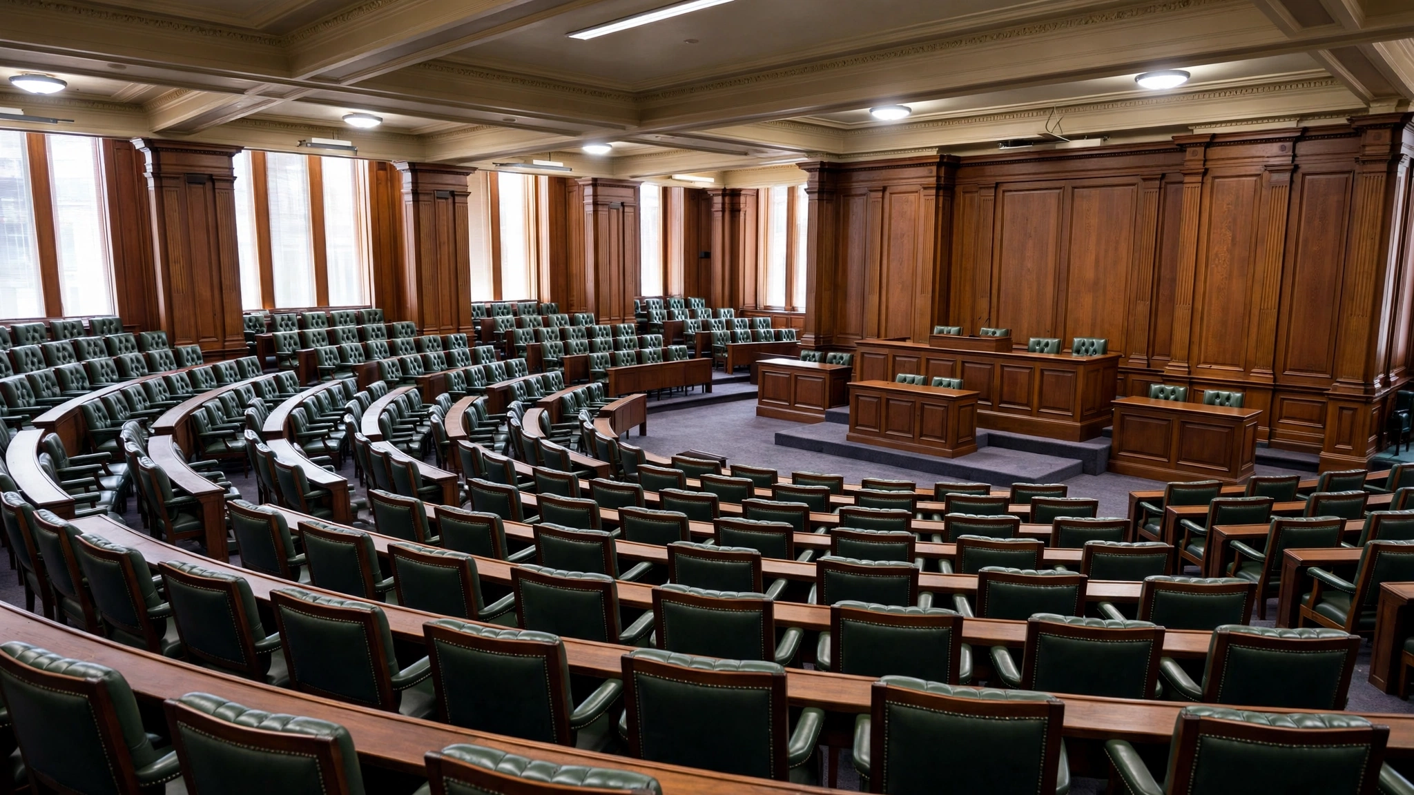 Rows of empty green chairs and wooden desks in a legislative chamber