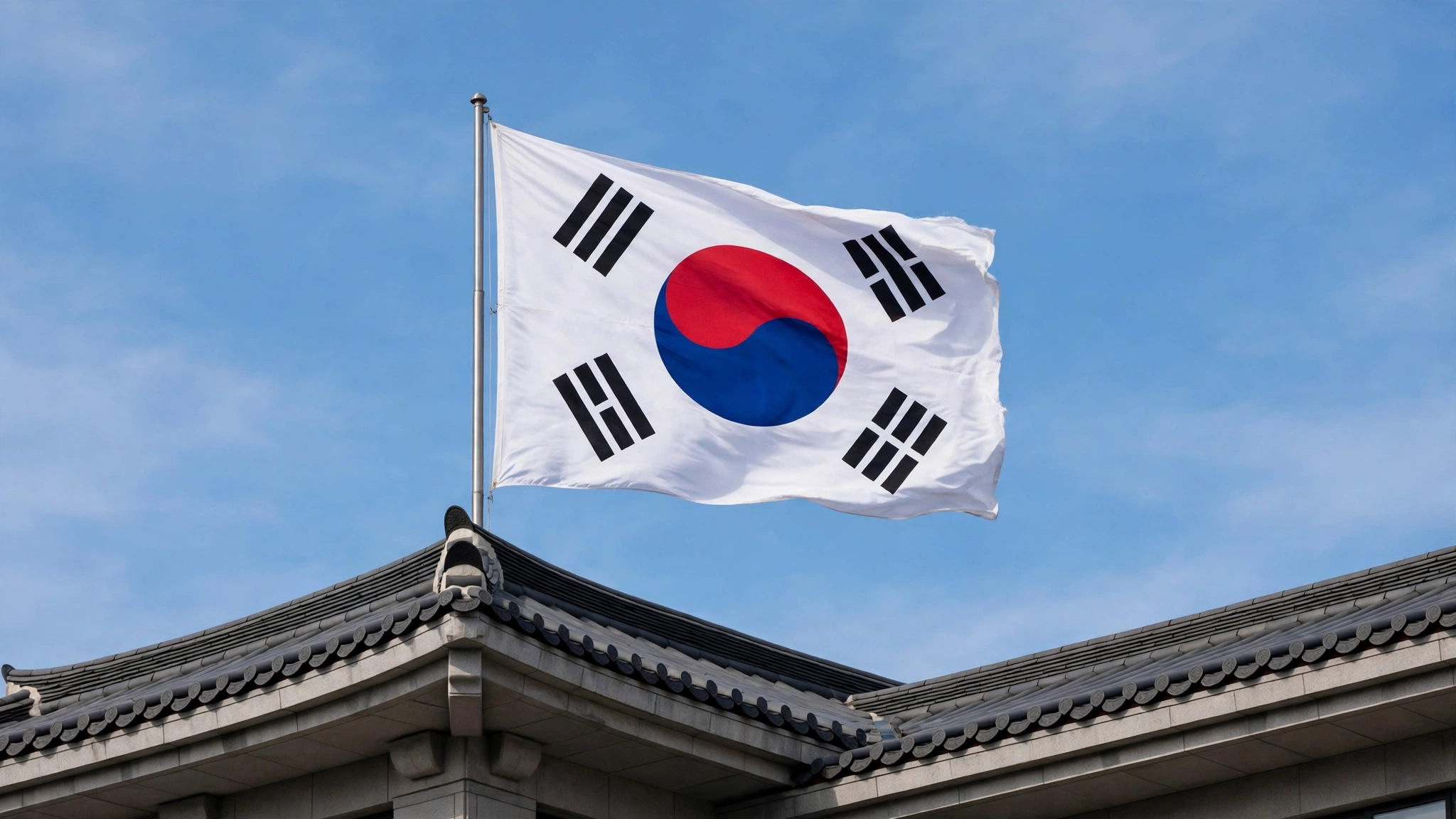 The South Korean flag flying above a tiled roof against a blue sky