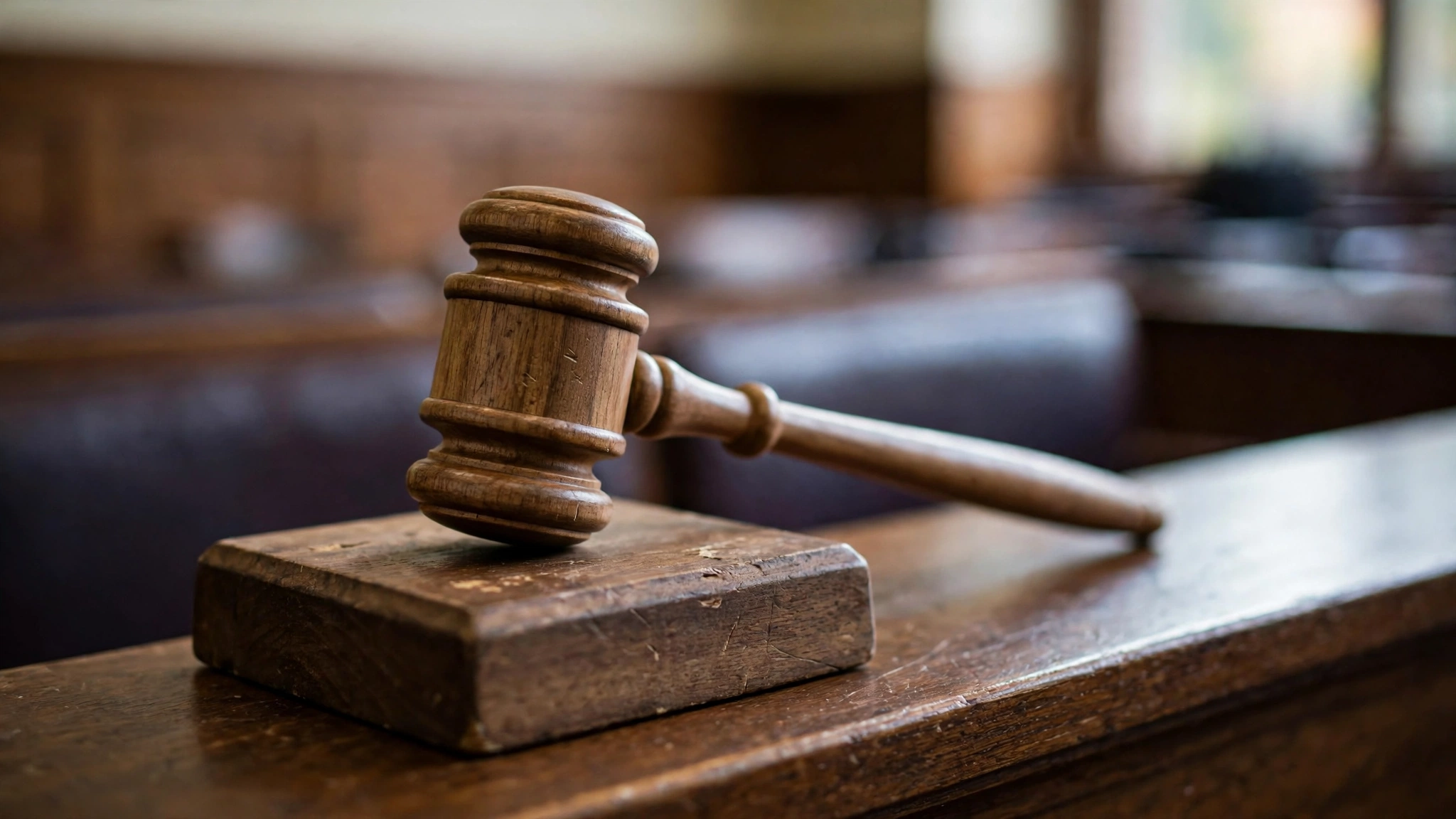 A wooden judge gavel resting on a sound block on a courtroom bench