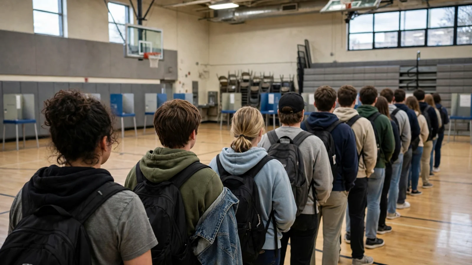 Young voters standing in line at a polling place inside a school gymnasium, with voting booths visible behind them.