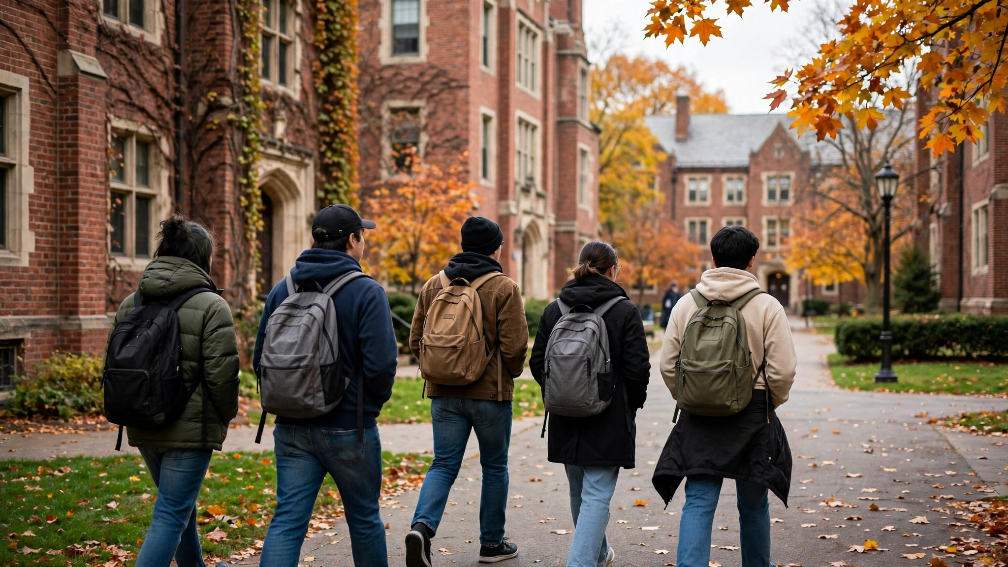 College students with backpacks walking across a university campus in autumn.