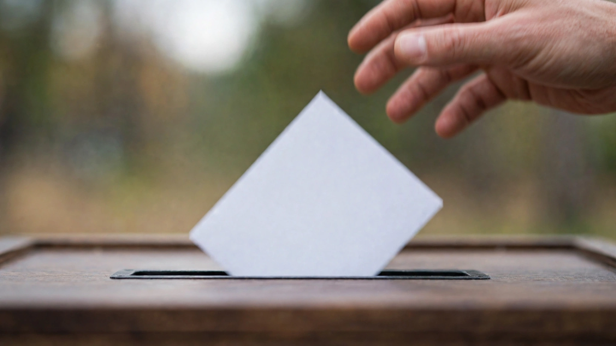 A hand drops a blank paper ballot into a wooden ballot box.