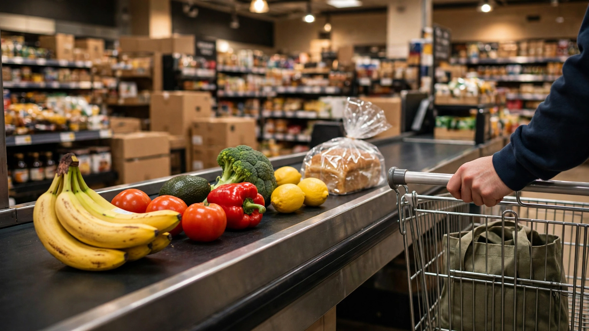 Fresh produce on a supermarket checkout conveyor as a shopper pushes a cart.