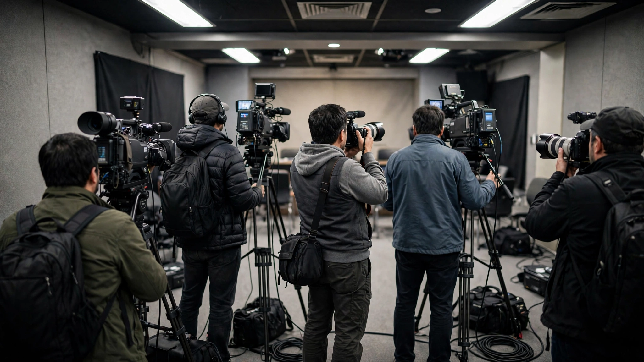 Television news cameras and photographers seen from behind in a press briefing room.