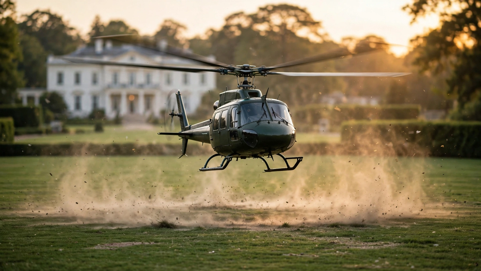 A dark green helicopter lifting off from a manicured lawn at golden hour with a mansion blurred in the background.