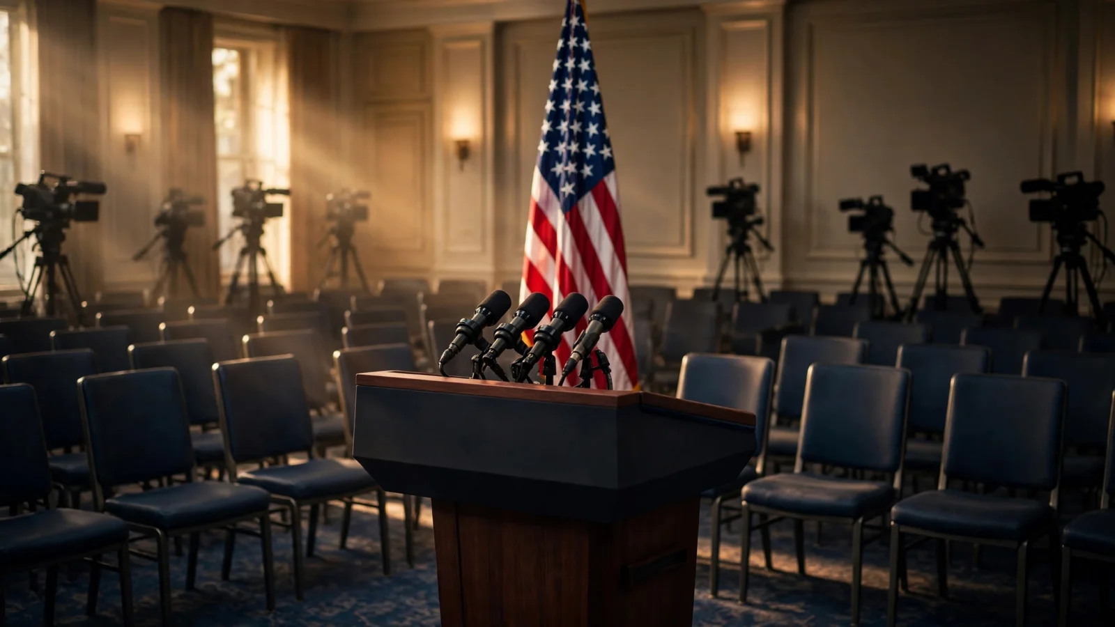 An empty podium with microphones, an American flag and television cameras in a White House press briefing room