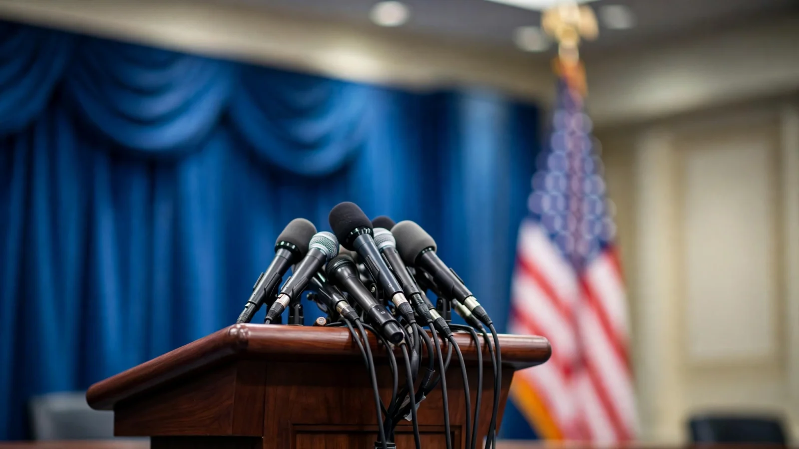 An empty press briefing room podium with a cluster of microphones and a blurred American flag behind it.