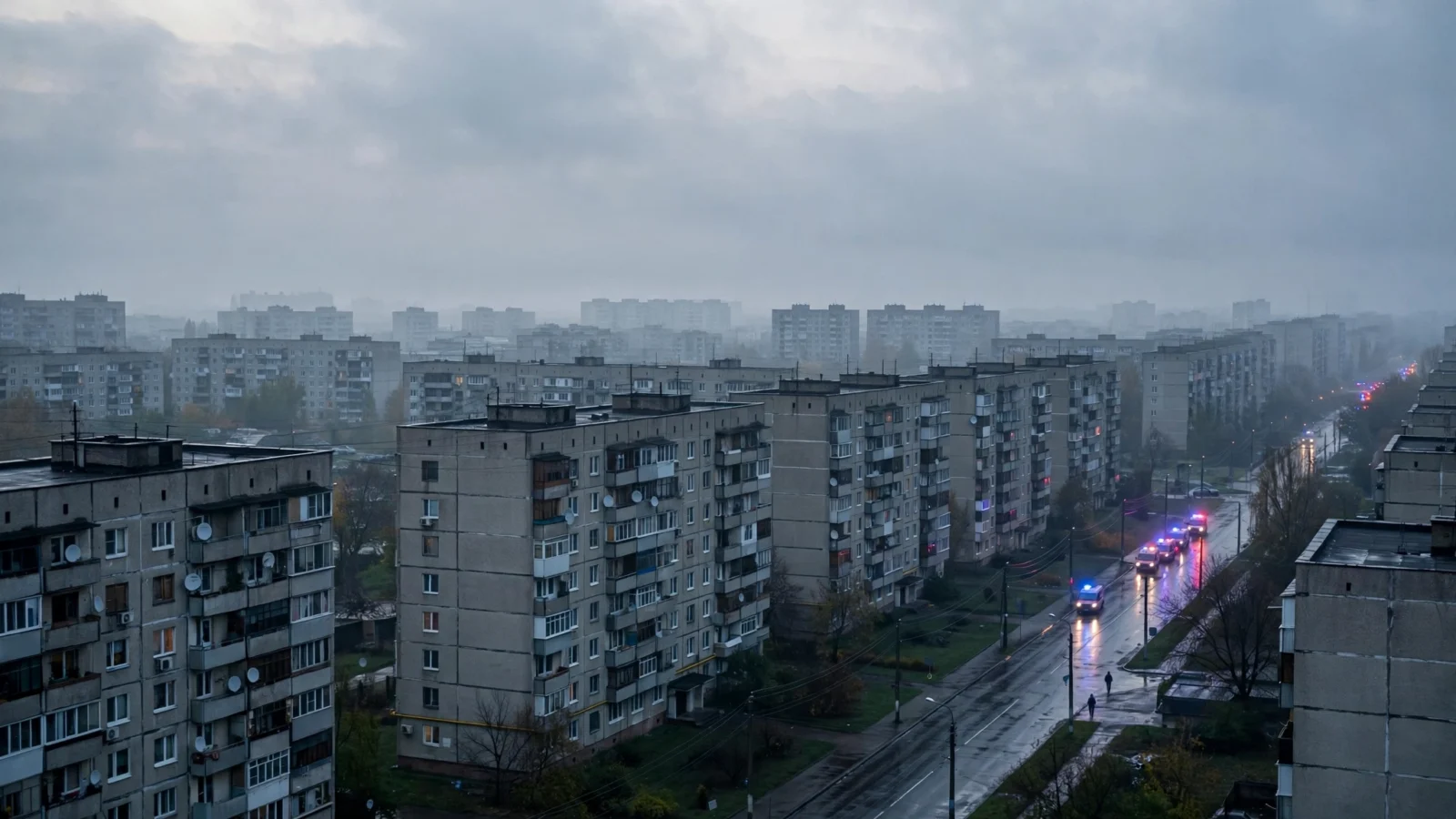Apartment blocks in a Ukrainian city under gray dawn skies, with emergency vehicle lights visible on a wet street in the distance.