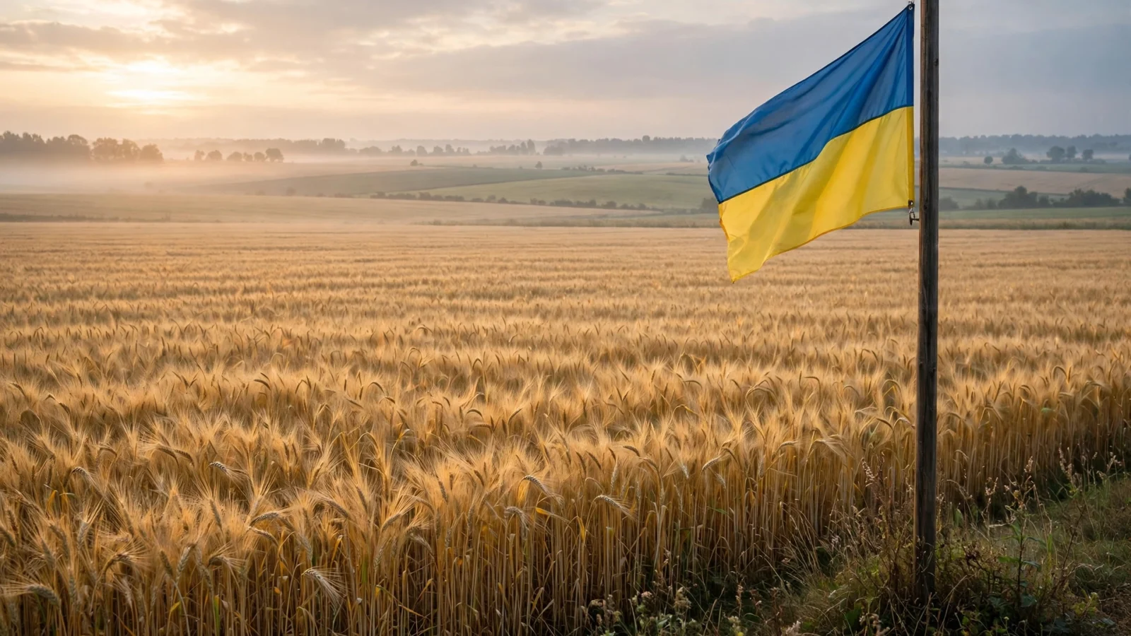 Ukrainian flag on a wooden pole in a wheat field at dawn, with farmland stretching to the horizon