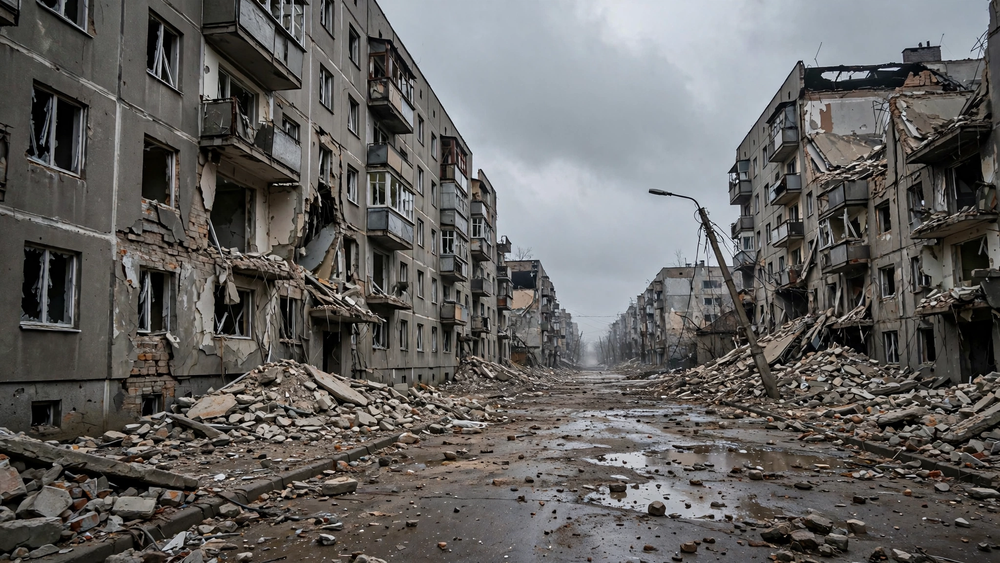 War-damaged apartment buildings and rubble along an empty residential street under an overcast sky