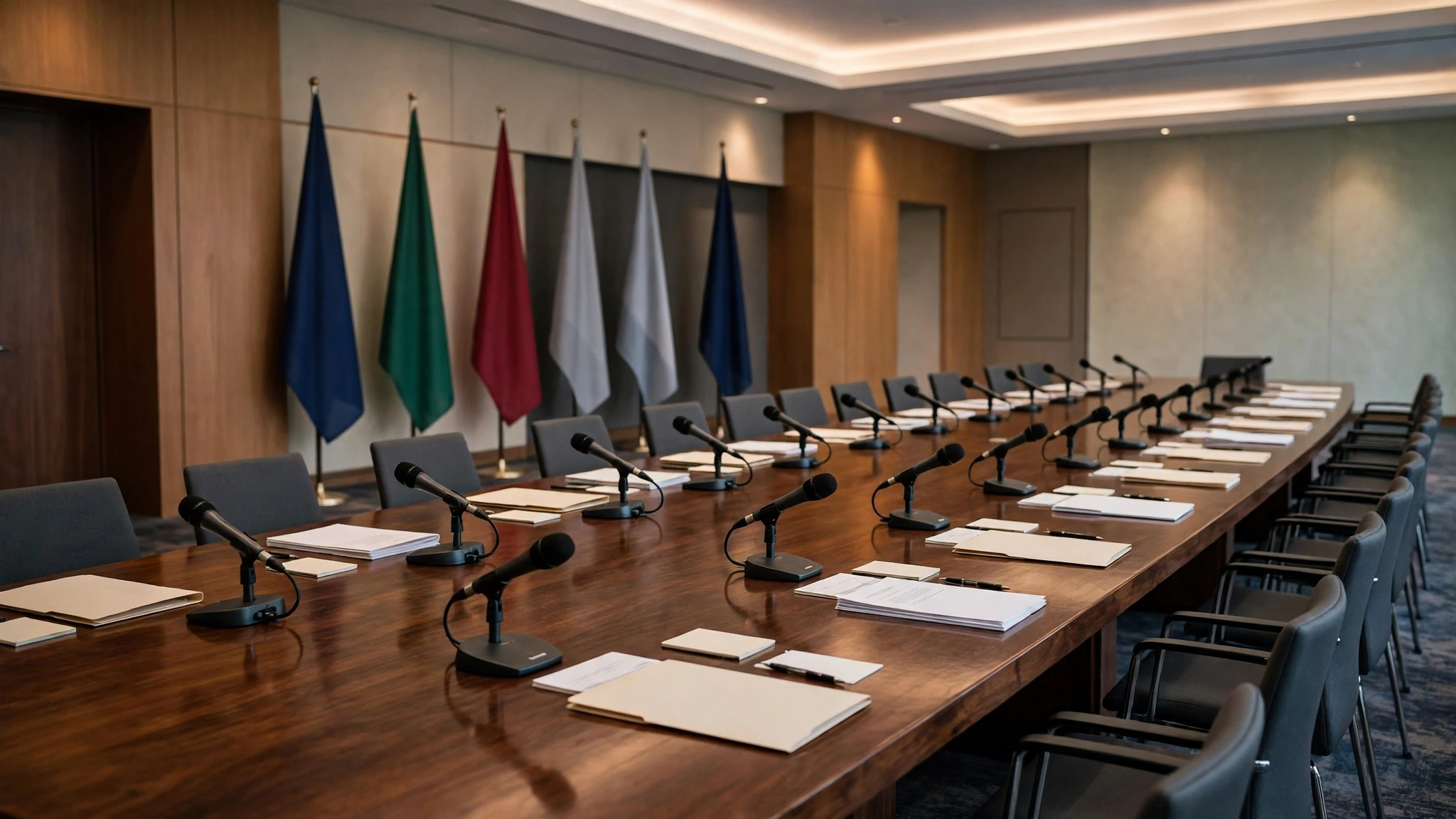 Empty diplomatic conference room with a long table, microphones, documents and flags