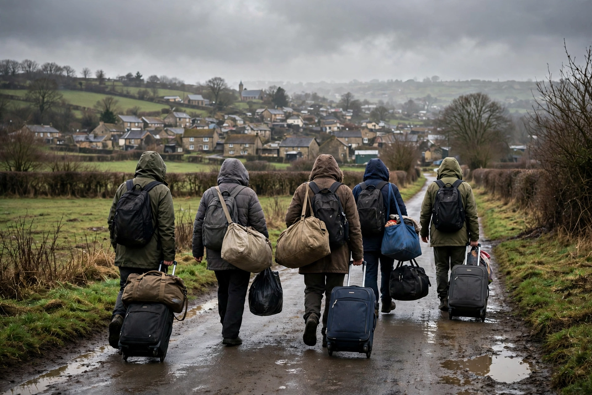 Displaced civilians seen from behind carrying bags and suitcases along a rural road near a village