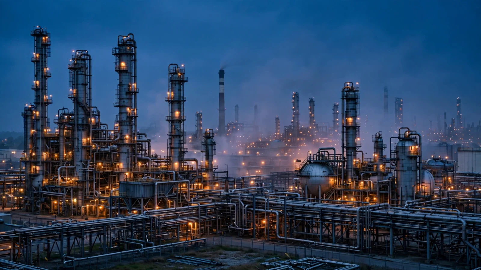 An oil refinery industrial complex with distillation towers and pipelines lit up at dusk