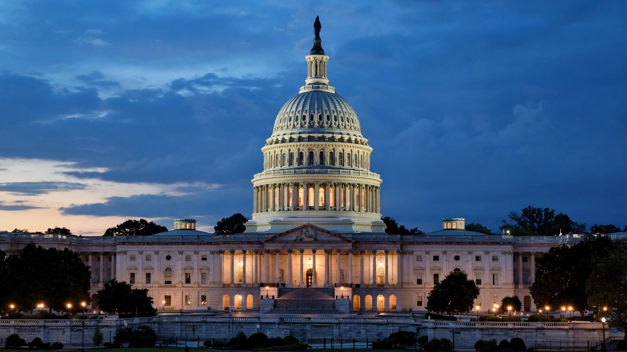 The United States Capitol dome lit at twilight