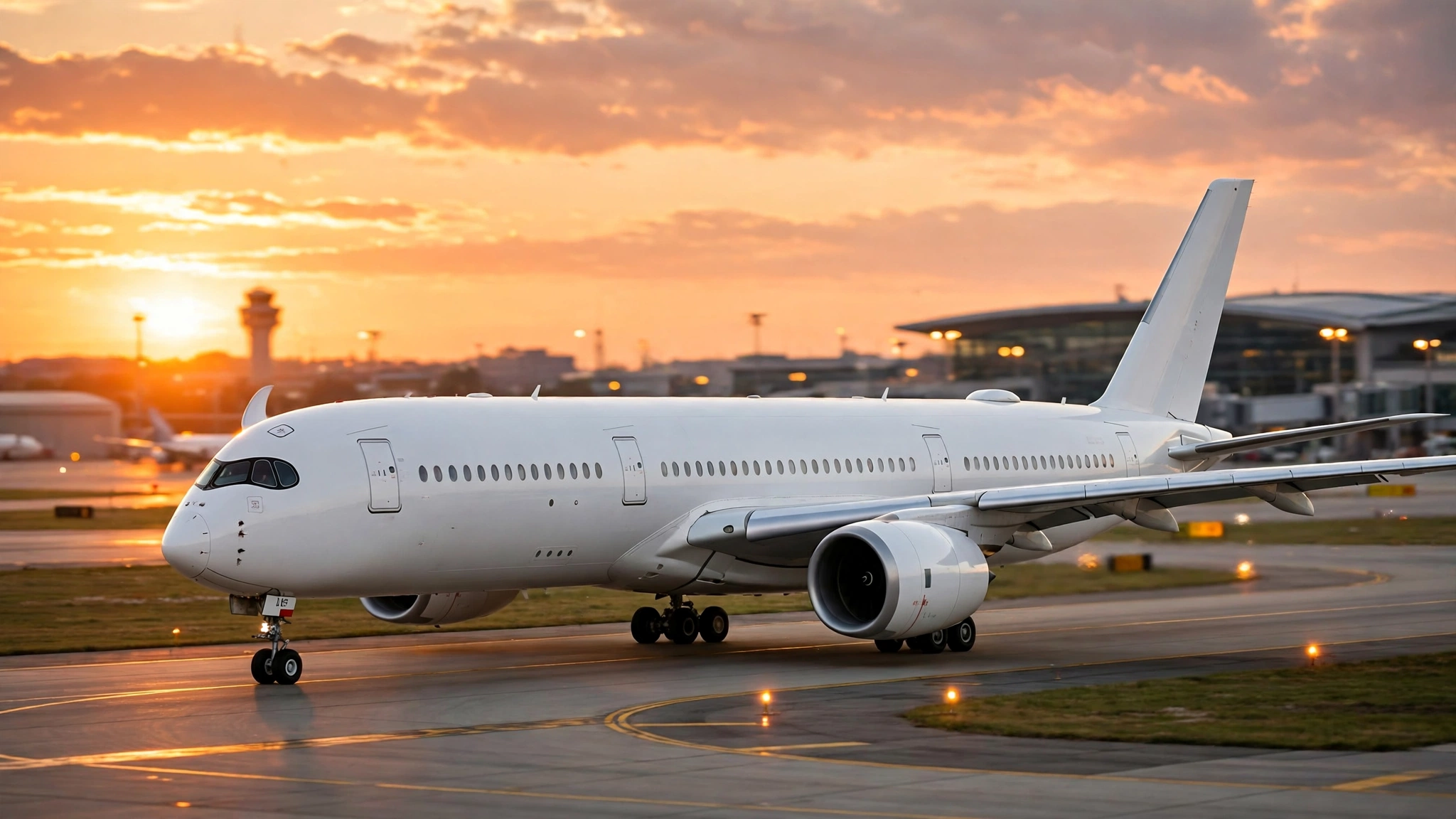 A plain white passenger airplane taxiing on an airport runway at sunset