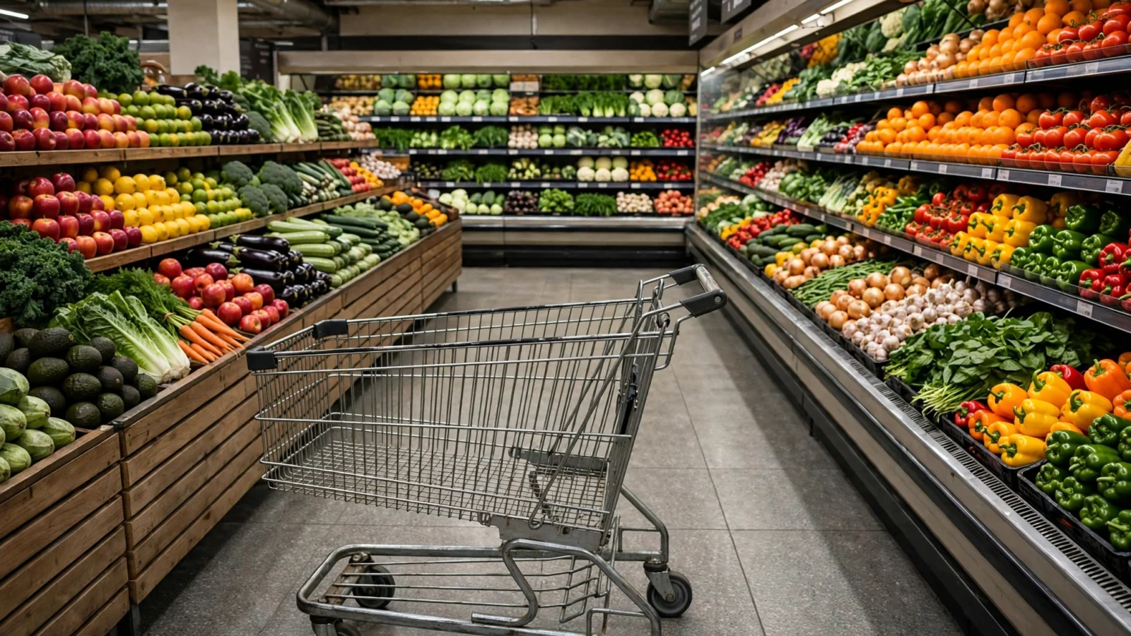 A supermarket produce aisle with a shopping cart and shelves of fruits and vegetables