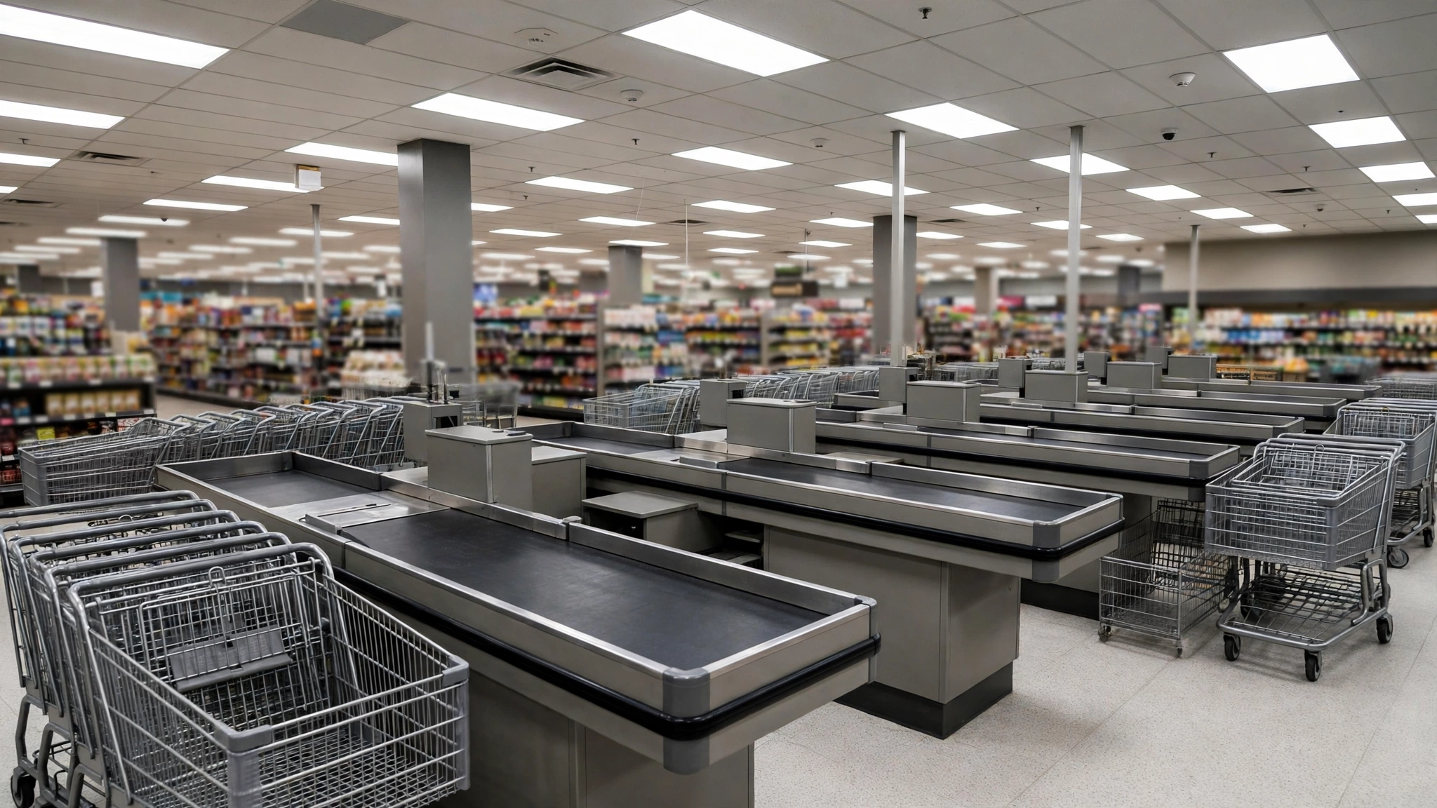 Empty checkout lanes and shopping carts inside a grocery store