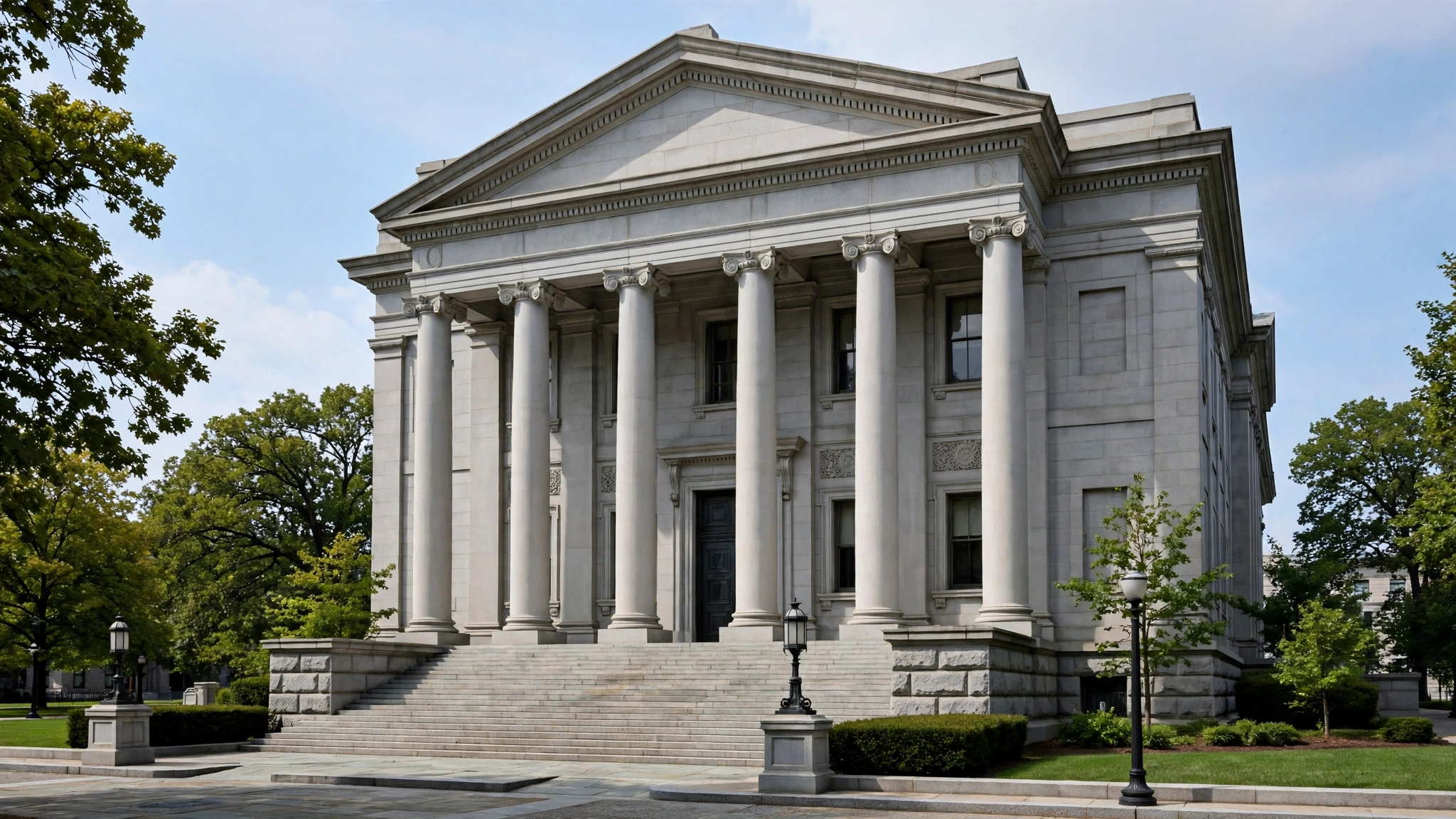 A neoclassical courthouse with tall stone columns on a sunny day