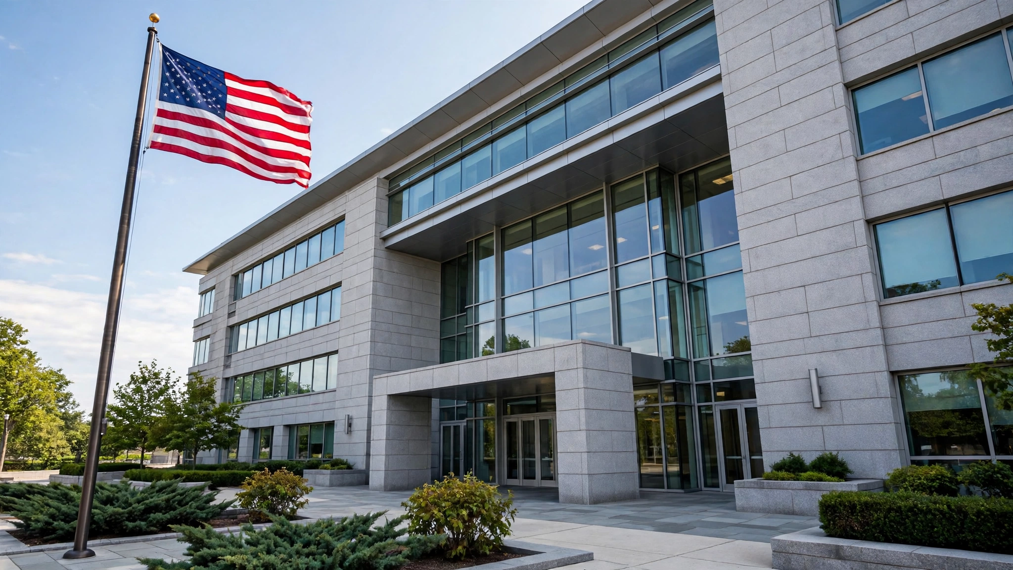 A modern glass and stone federal office building with an American flag flying in front