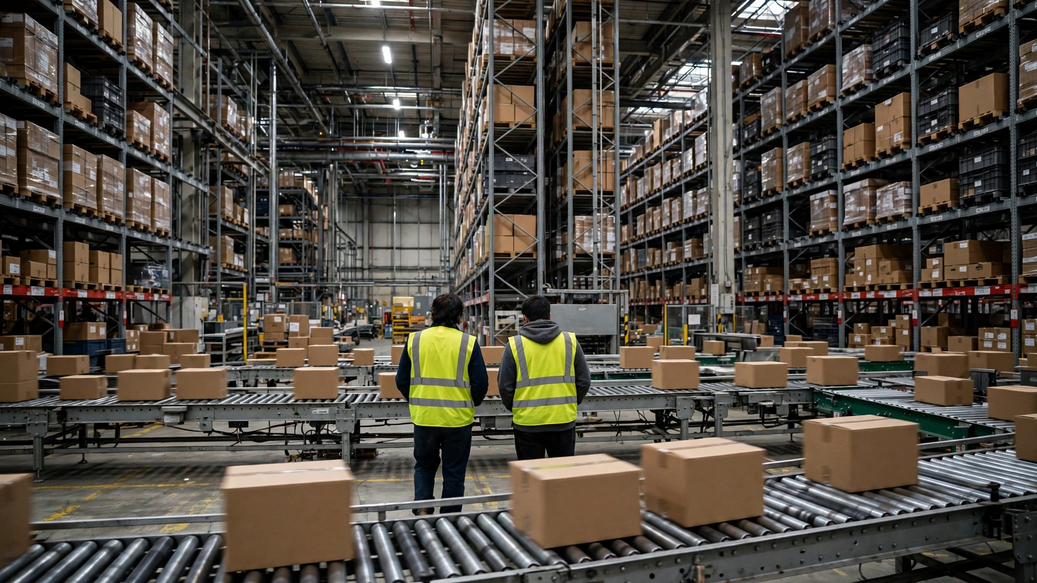 Two warehouse workers in safety vests seen from behind, watching conveyor belts carry cardboard boxes through a large fulfillment center